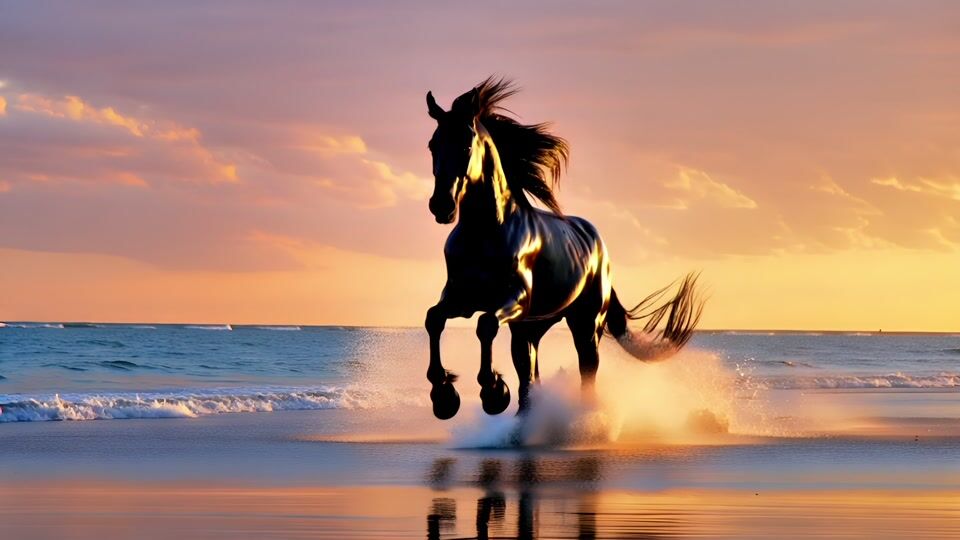 A black horse gallops through shallow surf toward the camera at sunrise, gold rim light on its coat and a tall plume of spray behind it against a peach sky