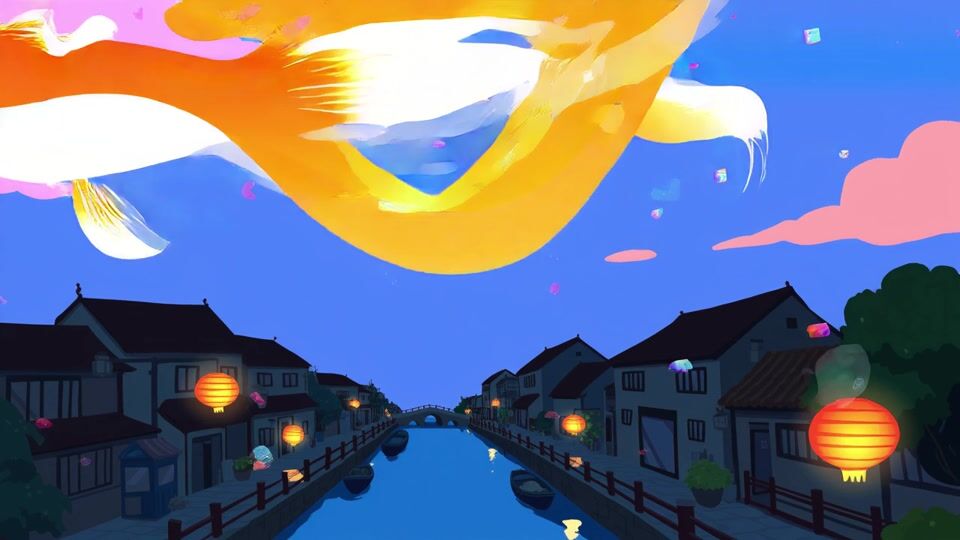 Flat color 2D animation of a giant orange and white koi fish swimming through a blue dusk sky above a canal town with glowing paper lanterns and pink clouds