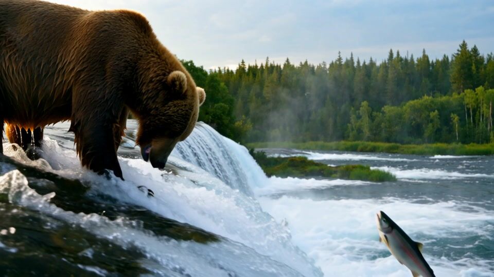 Brown bear standing at the lip of a roaring waterfall lunging at a silver salmon leaping through the spray, mist and backlit droplets around it