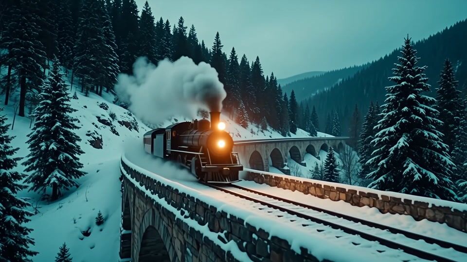 Black steam locomotive with a glowing headlamp crossing a curved stone viaduct over a snowy pine valley at dusk, white steam trailing behind