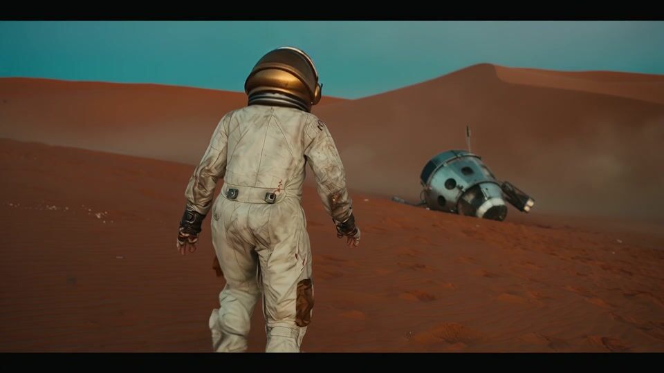 An astronaut in a scuffed white suit and gold visor walks across red dunes toward a crashed silver lander, then a close-up of her face inside the helmet, then a low angle of her running to the lander under two pale moons