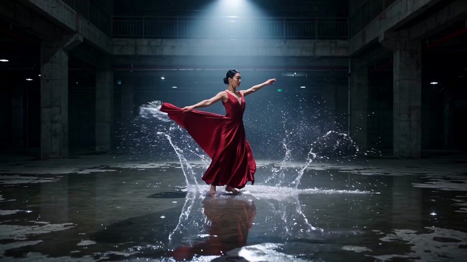 A dancer in a crimson silk gown spins on a flooded concrete floor under one hard white top light, water flying off her skirt in a dark empty hall.