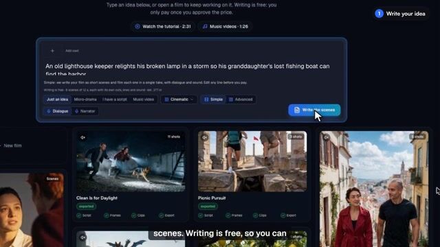 L’interface de création de Film Studio avec une idée en une phrase sur un gardien de phare et le bouton Écrire les scènes.
