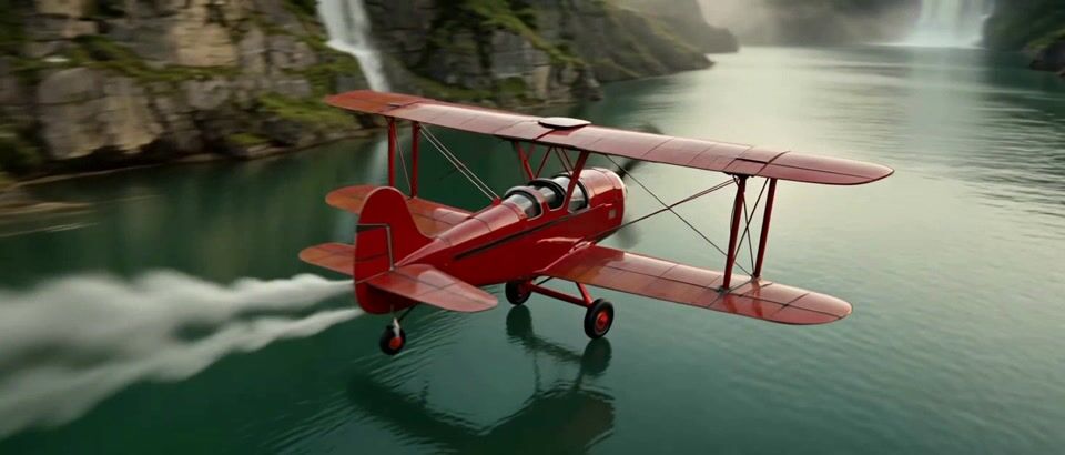 Ultra-wide shot of a red vintage biplane flying low over a teal fjord with a white vapor trail on the water, the camera swinging from its side to behind it as waterfalls pour off green cliffs toward a hazy sunrise