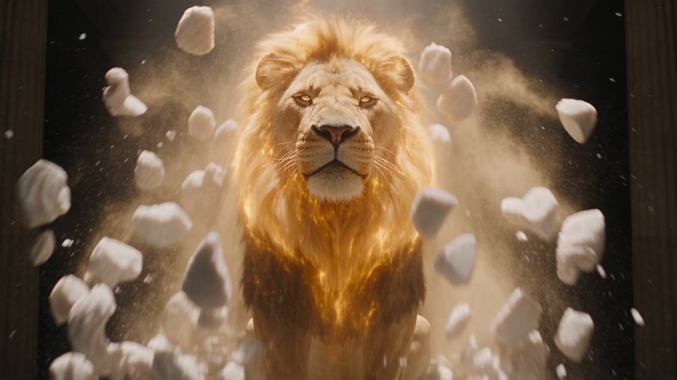 A white marble lion statue under a shaft of light cracks along glowing gold seams and bursts apart, revealing a glowing golden lion in a swirling cloud of sand in a dark gallery