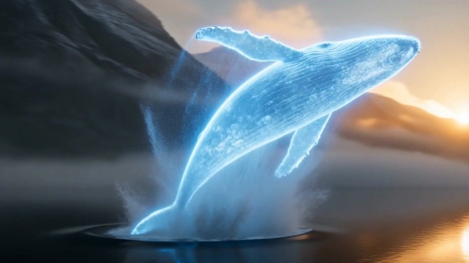 Aerial view of a misty fjord at sunrise where a giant whale made of glowing blue light leaps out of dark water beside a small red fishing boat.