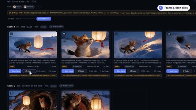 Storyboard frames of a fox cub chasing a paper lantern, each with Save frame and Redo buttons.