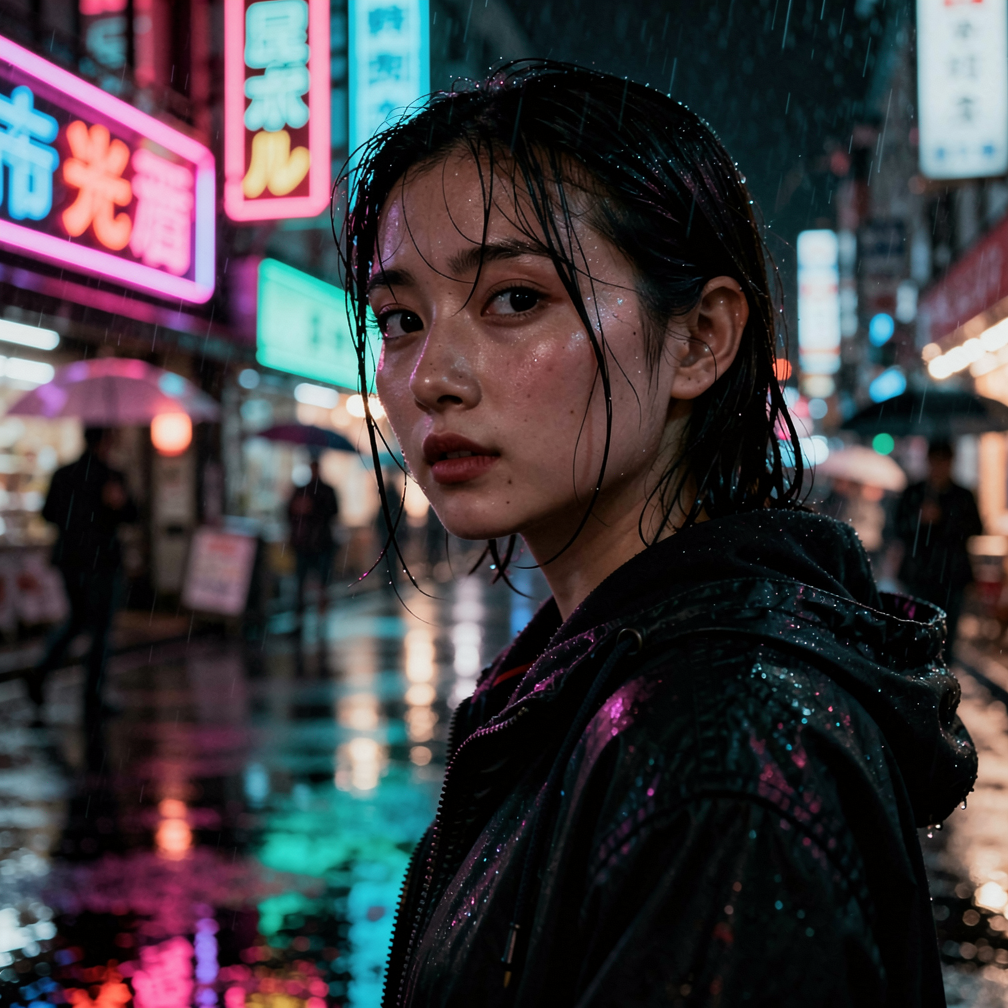 Generated output: cinematic portrait in Tokyo rain with neon reflections