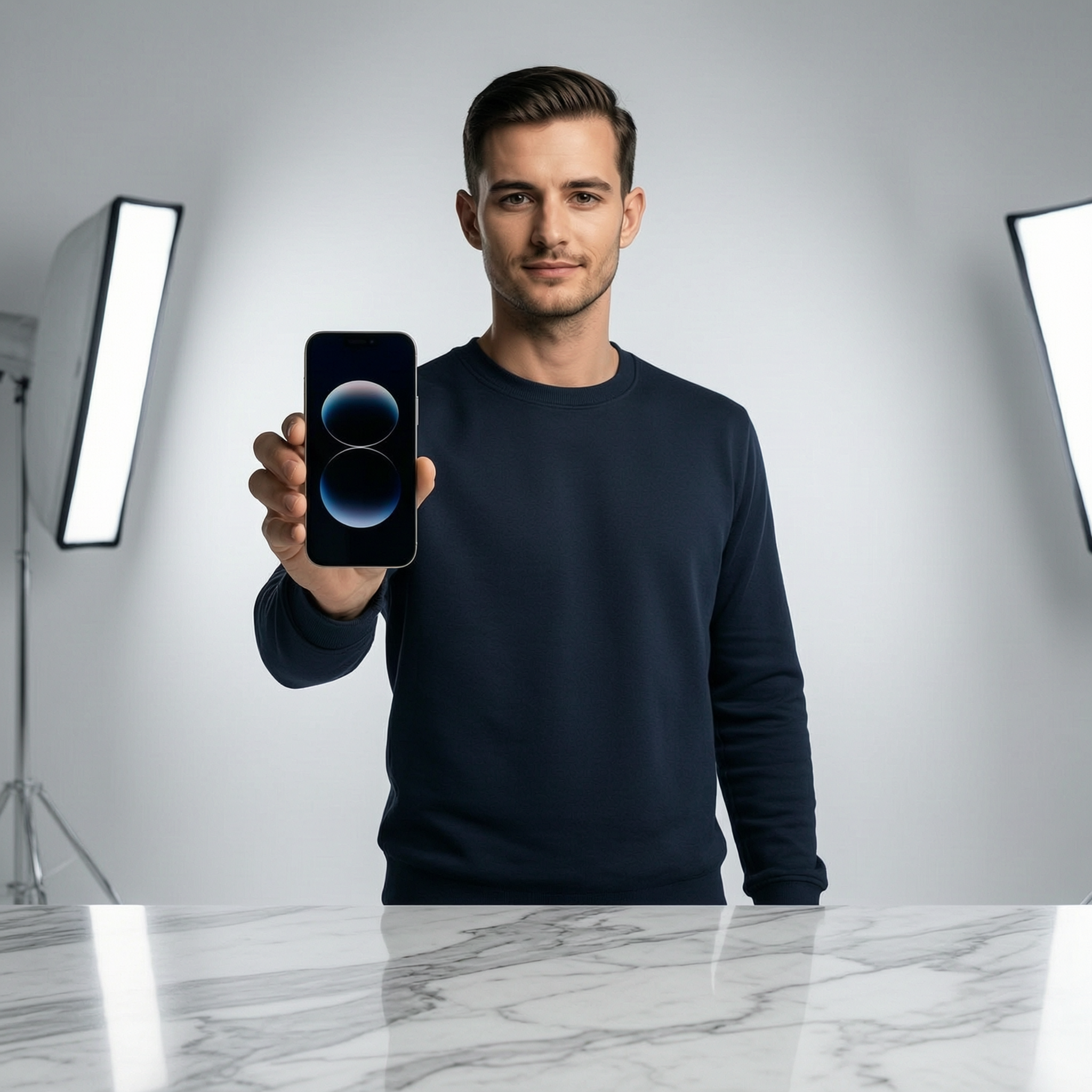Generated output: the same character presenting a phone at a marble desk