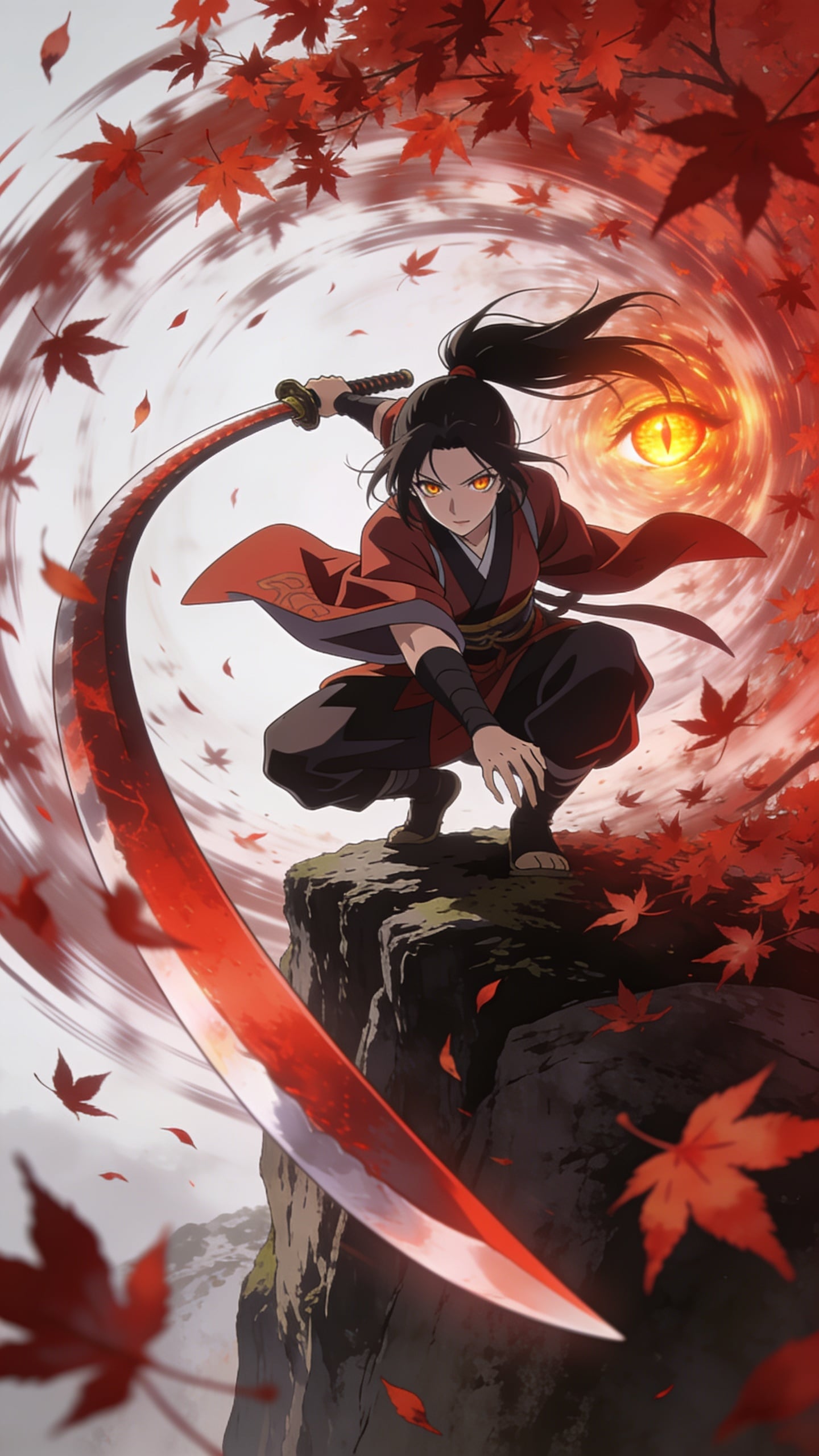 Crimson Blade Beneath Fiery Gaze