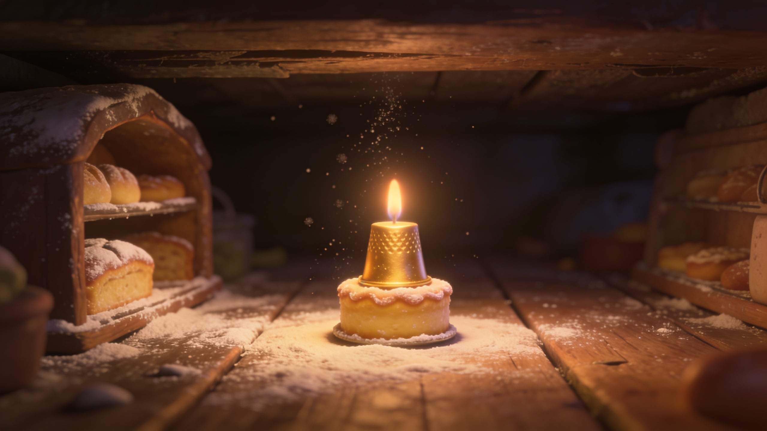 Candlelit Cake Beneath Wooden Shelves