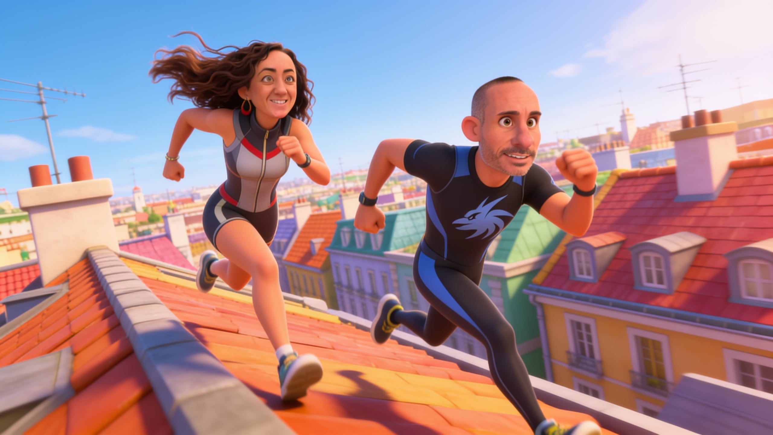 Rooftop Sprint Through Sunlit Cityscape