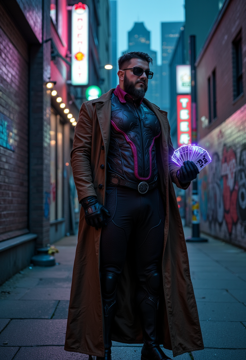 A high-resolution, dynamic portrait of MenaceINK dressed as Gambit from the X-Men. MenaceINK stands confidently in the center of the frame, adorned in Gambit's iconic costume: a long, flowing brown trench coat, fitted black and pink body armor, and black gloves. The image captures intricate details like the textured leather of the coat, the metallic sheen on the body armor, and the kinetic energy of a fan of playing cards glowing with radiant kinetic energy in his hand. The scene is set at dusk in a bustling urban alleyway, dimly lit by neon signs and the cool, bluish ambient light of the city. The background shows blurred outlines of brick walls covered in graffiti and faint silhouettes of skyscrapers. The atmosphere is charged with intensity, conveyed through dramatic shadows, the contrast of light and dark, and a slight, mysterious haze. The focal point is MenaceINK, framed from a low angle to emphasize his dominance and heroism, with a shallow depth of field to keep the viewer's attention sharply on him. The overall mood is gritty, energetic, and heroic, reminiscent of a cinematic action thriller.