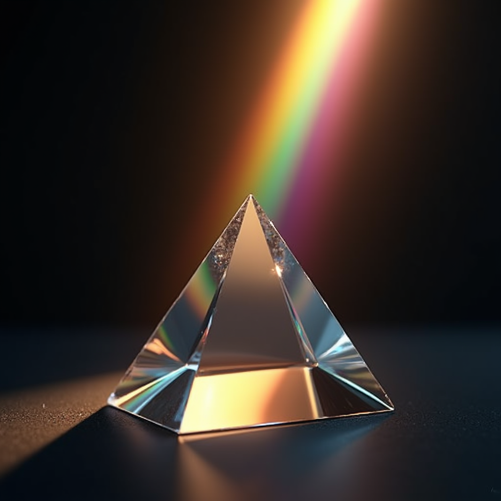 A large glass prism in the shape of an equilateral triangle catches a single shaft of sunlight against a deep, dark background. The prism is expertly polished with sharp edges and smooth surfaces, refracting the light into a radiant spectrum of colors. Rays of red, orange, yellow, green, blue, indigo, and violet cascade outward in a fan-like display, each beam distinct and vivid. The background is a gradient of deep, shadowy blacks and dark indigo, accentuating the brilliance of the rainbow. The sunlight, entering from the top left corner, is a warm, golden hue, creating a dynamic interplay between the light and the dark surroundings. The prism is centered in the composition, with a slight tilt to capture the light perfectly. The atmosphere is one of serene beauty and scientific marvel, with the play of light illustrating the wonders of optical physics in an almost magical manner. High-definition, hyper-realistic, with intricate details on the glass surfaces and impeccable color accuracy.