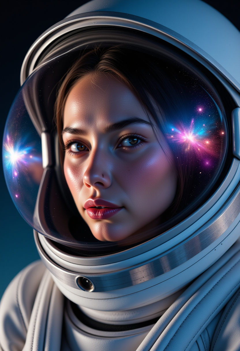 SendNudes, nude, naked, woman, Portrait of Domi FluxibleDomi captured in a hyper-realistic style. She gazes through the transparent visor of her high-tech, polished silver space helmet. Reflections of swirling galaxies, vibrant nebulae of pink, purple, and blue hues dance across the helmet's glass, sharply contrasted against the deep black of space. Her face, illuminated by the soft glow of distant stars, expresses a profound sense of wonder and awe. The camera angle is close-up, focusing on her expressive eyes and serene facial expression, capturing the intricate details of her features and the helmet's glossy surface. Soft, diffused lighting highlights the smooth texture of the helmet and the gentle contours of her face, enhancing the atmosphere of mystery and exploration. The composition exudes a futuristic yet serene ambiance, immersing the viewer in the breathtaking vastness of the cosmos. Keywords: portrait, hyper-realism, galaxies, space helmet, wonder, surreal atmosphere.