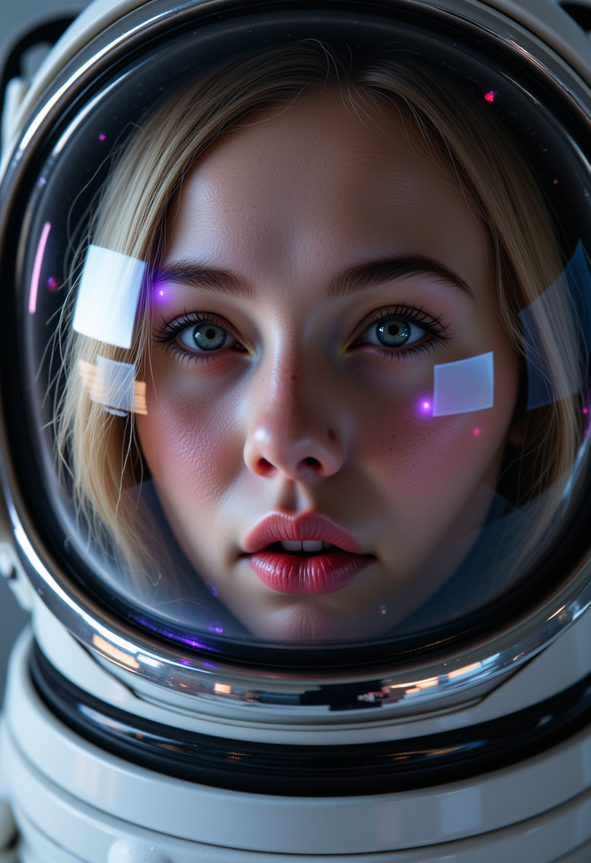 SendNudes, nude, naked, woman, Portrait of Domi FluxibleDomi captured in a hyper-realistic style. She gazes through the transparent visor of her high-tech, polished silver space helmet. Reflections of swirling galaxies, vibrant nebulae of pink, purple, and blue hues dance across the helmet's glass, sharply contrasted against the deep black of space. Her face, illuminated by the soft glow of distant stars, expresses a profound sense of wonder and awe. The camera angle is close-up, focusing on her expressive eyes and serene facial expression, capturing the intricate details of her features and the helmet's glossy surface. Soft, diffused lighting highlights the smooth texture of the helmet and the gentle contours of her face, enhancing the atmosphere of mystery and exploration. The composition exudes a futuristic yet serene ambiance, immersing the viewer in the breathtaking vastness of the cosmos. Keywords: portrait, hyper-realism, galaxies, space helmet, wonder, surreal atmosphere. Blonde hair.