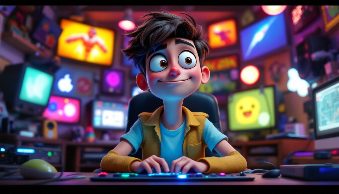 A CGI-rendered scene of a cartoonish YouTuber with exaggerated features, including wide eyes and a comically dropped jaw, sitting in a high-tech studio. The room is filled with quirky gadgets, colorful posters, and animated lighting effects. The camera angle is dynamic, slightly tilted to emphasize the chaos, with soft, diffused lighting adding to the whimsical atmosphere of a Pixar-style animation.