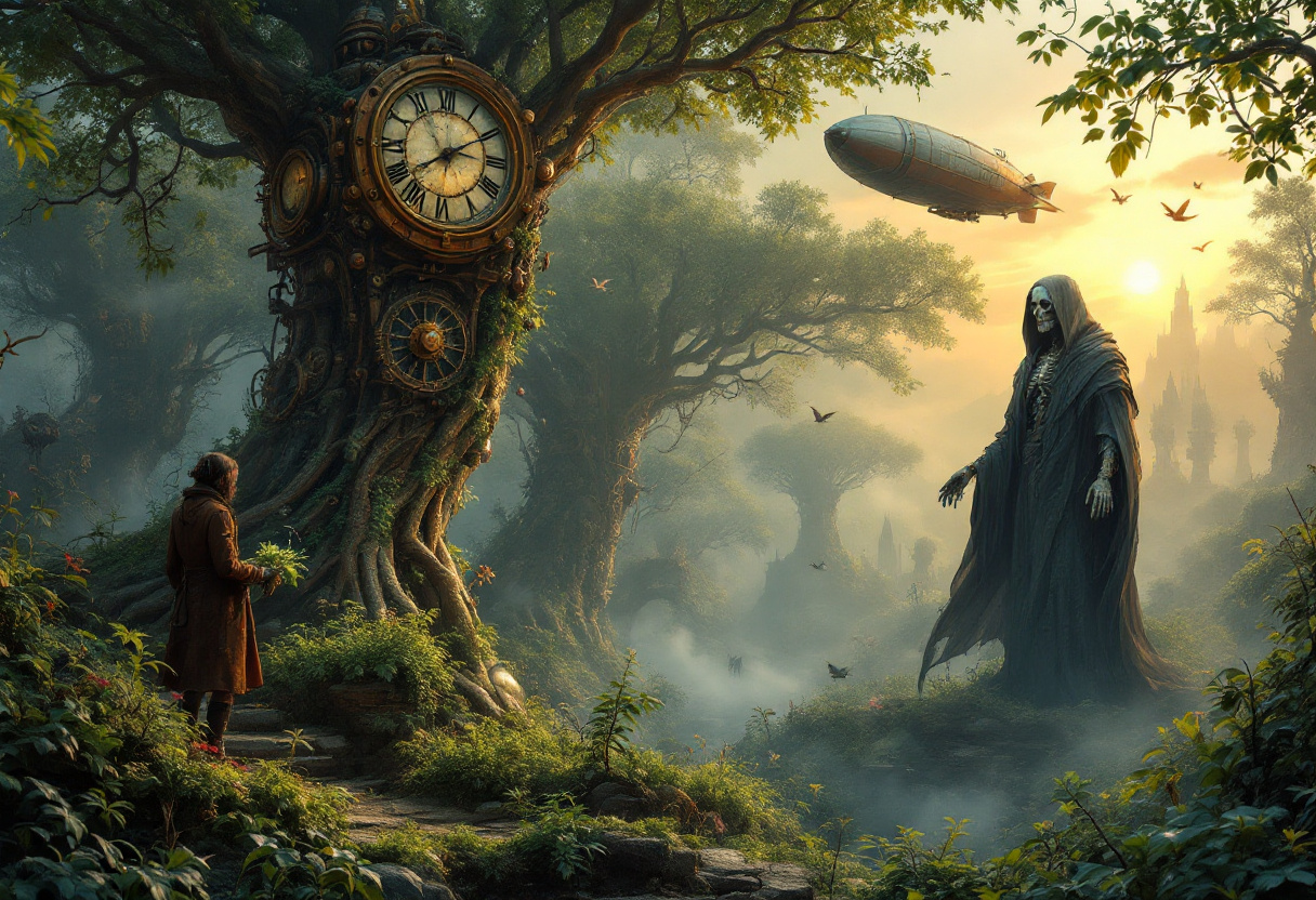 A breathtaking scene of a steampunk forest, where towering mechanical trees with brass gears and copper leaves blend seamlessly with lush green vegetation. A weathered airship hovers above the canopy, emitting soft steam, while rusted mechanical birds flutter nearby. At the base of an ancient, decaying clocktower overtaken by vines, a nurturing figure in a worn leather coat tends to a delicate steam-powered plant. In the distance, a shadowy skeletal figure representing death, cloaked in tattered robes, watches silently as the gears of life slowly turn beneath the amber glow of a setting sun