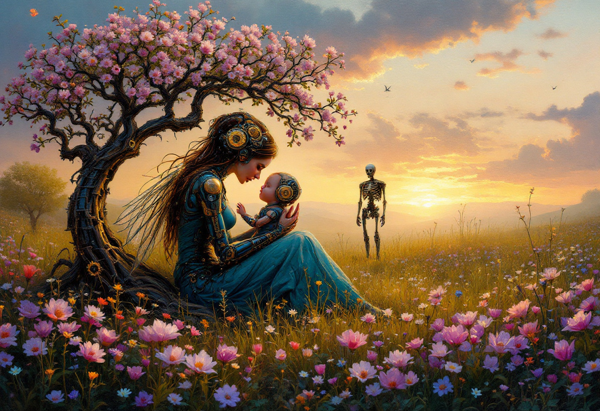 A romantic oil painting of a serene steampunk meadow at dusk, where nature and machines intertwine harmoniously. In the foreground, a motherly figure with mechanical wings embraces a small child made of clockwork, surrounded by blooming metal flowers. Nearby, an ancient tree, half organic and half made of brass gears, is gently turning. The soft hues of twilight bathe the scene in warm oranges and purples, while a skeletal figure representing death stands near the horizon, cloaked in shadows, its presence softened by the tender nurturing scene unfolding below.