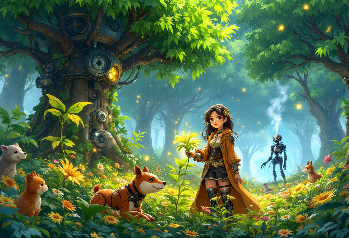 In a vibrant anime-style steampunk world, a young, wide-eyed protagonist stands in a field of towering metal trees, where mechanical animals frolic in the lush greenery. Their mentor, a wise old woman with clockwork limbs, carefully nurtures a glowing steam-powered plant. The air is filled with golden particles of light, and the soft whirring of gears can be heard in the wind. Far on the horizon, a skeletal figure representing death, clad in black armor and steam-venting pipes, silently watches over them, signifying the inevitable cycle of life, nurture, and death, all intricately woven together.