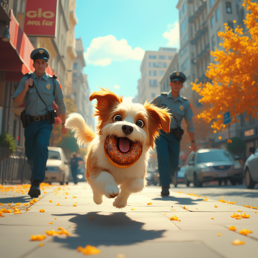 A sun-drenched cityscape: a happy-go-lucky dog, its fur ruffled by the wind, runs along a picturesque sidewalk, pursued by a pair of police officers, the stolen donut clutched in its jaws, as the city's buildings and trees blur by in a colorful haze. The atmosphere is bright and cheerful, with a focus on capturing the vibrant colors and lively atmosphere of the city.