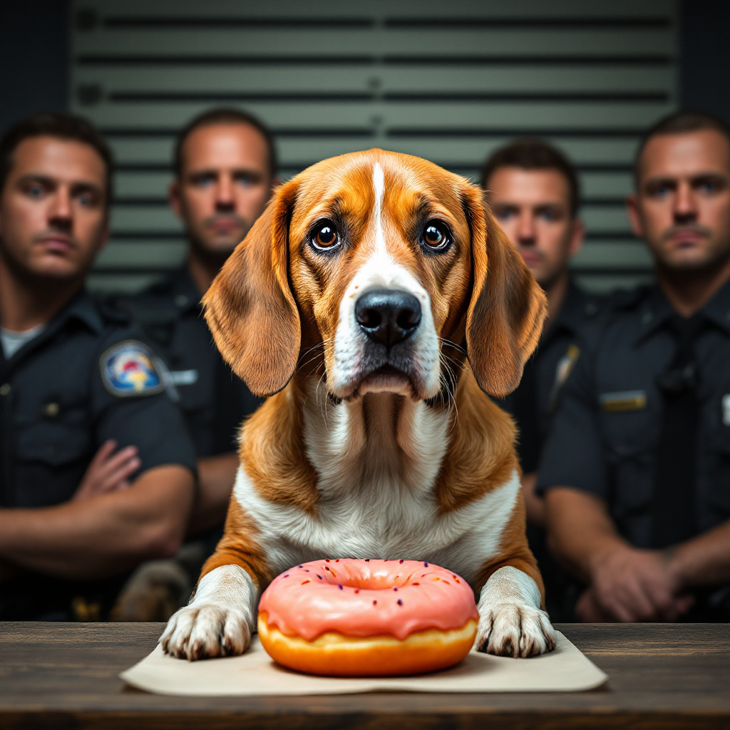 A mischievous mugshot: a guilty-looking dog, its ears drooping and its tail tucked between its legs, sits in a police lineup, the stolen donut sitting accusingly on the table in front of it, surrounded by stern-looking police officers. The atmosphere is playful and humorous, with a focus on capturing the dog's contrite expression and the officers' stern demeanor.