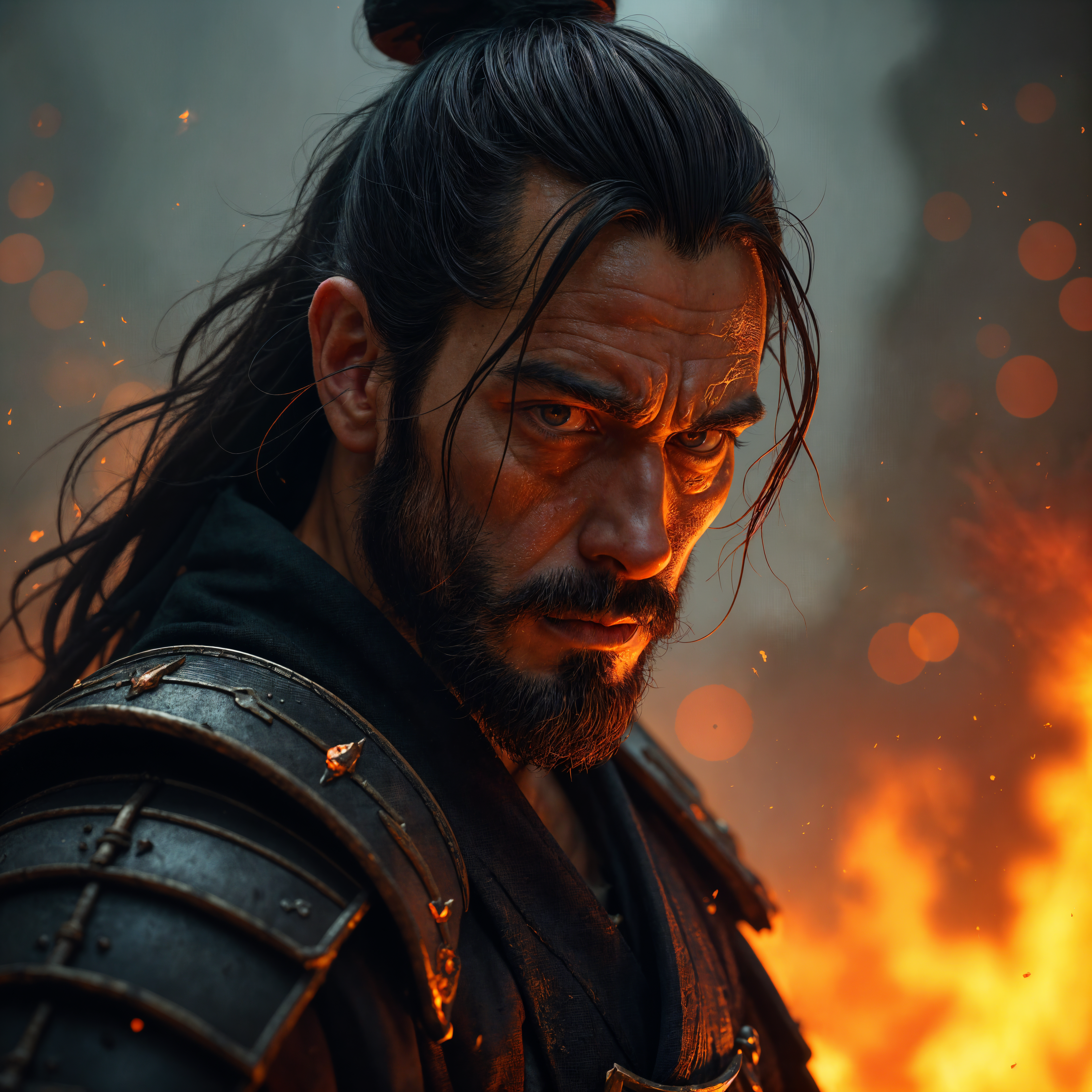 masterpiece, best quality, highres, sharp image, more detail, Create an intense portrait of a samurai walking through hell, focusing on his face as he battles inner demons. His eyes reflect a deep sense of determination, while embers from the surrounding flames illuminate his features. The background shows hints of the hellscape, but the primary focus is on the samurai's expression, capturing the complexity of his emotions as he confronts the darkness within and around him.