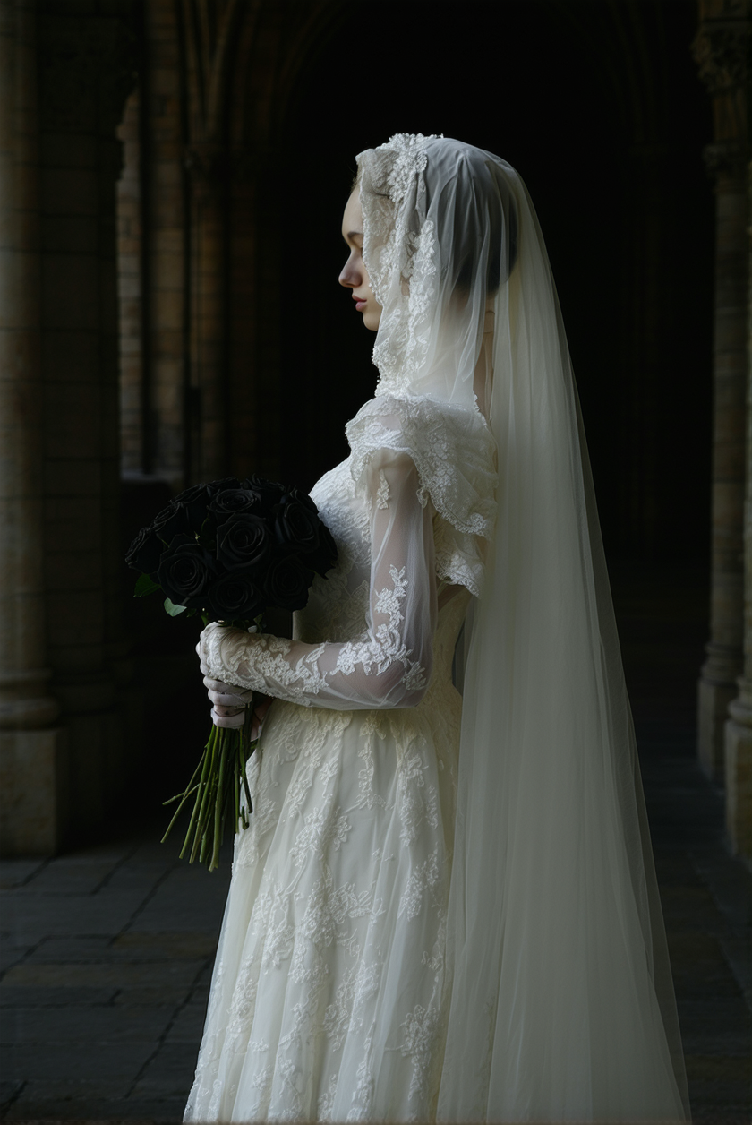 A hauntingly beautiful high-resolution photograph capturing the image of a deceased bride, her skin an ethereal white that mirrors the silken fabric of her wedding dress. She stands solemnly within the somber, shadowed confines of a gothic church, its towering, ornate architecture draped in darkness. In her delicate hands, she cradles a bouquet of velvety black roses, their petals appearing stark and poignant against her pallid complexion. The atmospheric lighting enhances the moodiness of the scene, casting elongated shadows that dance along the ancient stone walls, while a subtle, eerie glow emanates from the stained glass windows, casting a spectral hue across the space. The composition uses a slightly low-angle perspective to accentuate the grandeur of the setting, capturing the intricate details of the bride's lace veil and the dusky ambiance enveloping the church. The overall mood is one of melancholy elegance, imbued with a timeless, otherworldly charm.