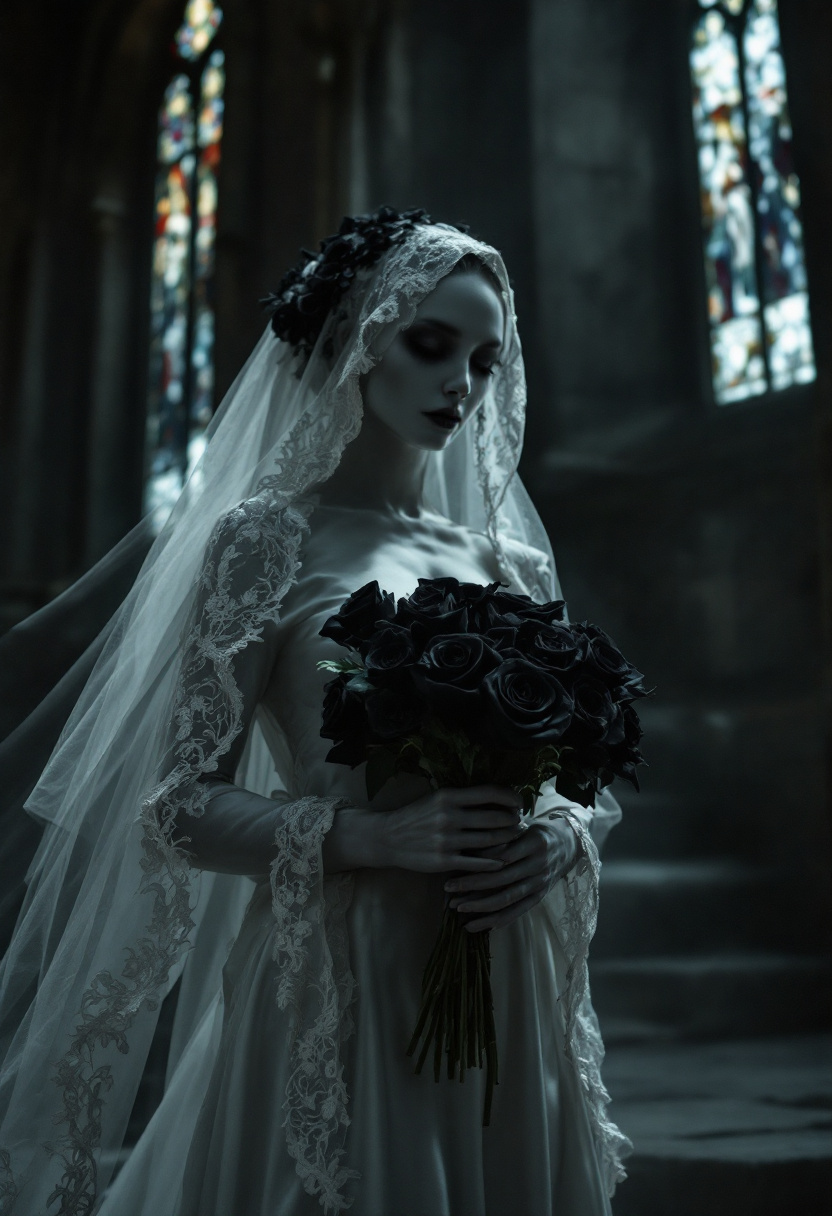 A hauntingly beautiful high-resolution photograph capturing the image of a deceased bride, her skin an ethereal white that mirrors the silken fabric of her wedding dress. She stands solemnly within the somber, shadowed confines of a gothic church, its towering, ornate architecture draped in darkness. In her delicate hands, she cradles a bouquet of velvety black roses, their petals appearing stark and poignant against her pallid complexion. The atmospheric lighting enhances the moodiness of the scene, casting elongated shadows that dance along the ancient stone walls, while a subtle, eerie glow emanates from the stained glass windows, casting a spectral hue across the space. The composition uses a slightly low-angle perspective to accentuate the grandeur of the setting, capturing the intricate details of the bride's lace veil and the dusky ambiance enveloping the church. The overall mood is one of melancholy elegance, imbued with a timeless, otherworldly charm.