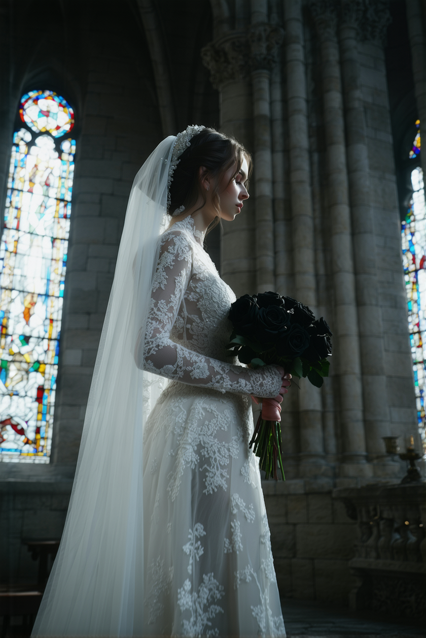 A hauntingly beautiful high-resolution photograph capturing the image of a deceased bride, her skin an ethereal white that mirrors the silken fabric of her wedding dress. She stands solemnly within the somber, shadowed confines of a gothic church, its towering, ornate architecture draped in darkness. In her delicate hands, she cradles a bouquet of velvety black roses, their petals appearing stark and poignant against her pallid complexion. The atmospheric lighting enhances the moodiness of the scene, casting elongated shadows that dance along the ancient stone walls, while a subtle, eerie glow emanates from the stained glass windows, casting a spectral hue across the space. The composition uses a slightly low-angle perspective to accentuate the grandeur of the setting, capturing the intricate details of the bride's lace veil and the dusky ambiance enveloping the church. The overall mood is one of melancholy elegance, imbued with a timeless, otherworldly charm.