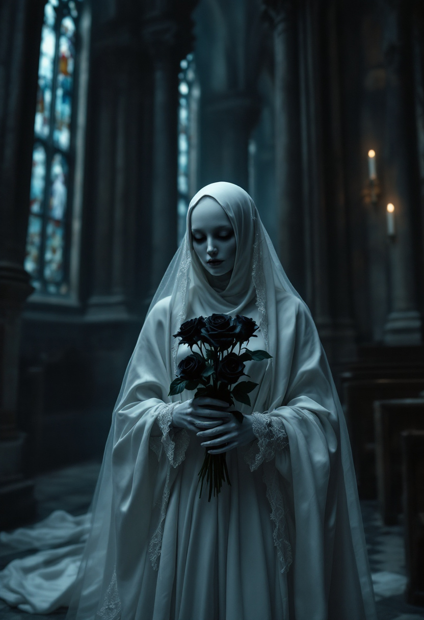 A hauntingly beautiful high-resolution photograph capturing the image of a deceased bride, her skin an ethereal white that mirrors the silken fabric of her wedding dress. She stands solemnly within the somber, shadowed confines of a gothic church, its towering, ornate architecture draped in darkness. In her delicate hands, she cradles a bouquet of velvety black roses, their petals appearing stark and poignant against her pallid complexion. The atmospheric lighting enhances the moodiness of the scene, casting elongated shadows that dance along the ancient stone walls, while a subtle, eerie glow emanates from the stained glass windows, casting a spectral hue across the space. The composition uses a slightly low-angle perspective to accentuate the grandeur of the setting, capturing the intricate details of the bride's lace veil and the dusky ambiance enveloping the church. The overall mood is one of melancholy elegance, imbued with a timeless, otherworldly charm.