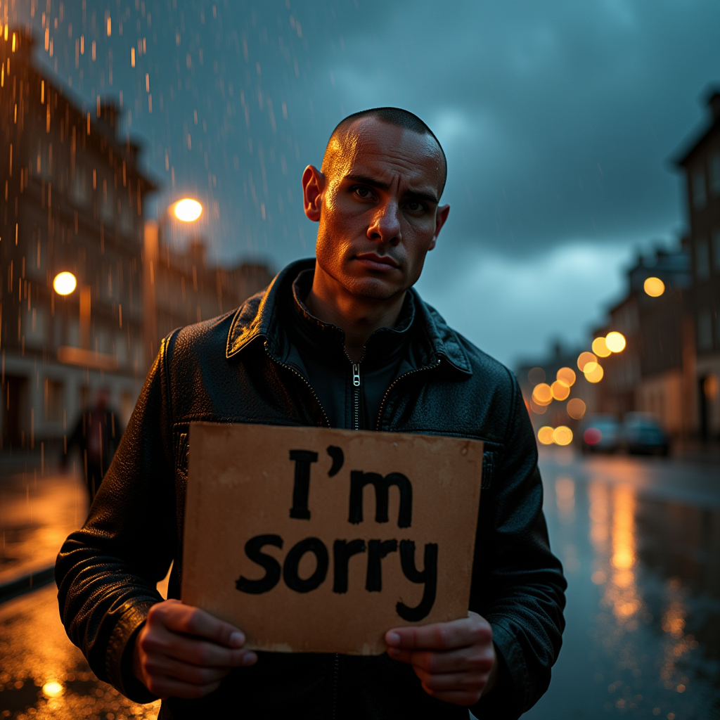 a photo of BLOVE, with buzzed hair, standing in a soft, steady rain. His figure should be illuminated by the gentle glow of streetlights, casting a reflective shimmer on the wet pavement. Here are the details:

  - The man's attire should be soaked, with droplets cascading from his face and clothing, capturing the essence of BLOVE's vibrant and expressive style. His sign, reading "I'm sorry," should be slightly blurred from the rain, yet the words remain legible.
  - Colors should be muted but with highlights of BLOVE's characteristic bold hues, subtly reflected in the puddles around him.

- **Style:**
  - The scene should mimic the dramatic and emotive photography of Gregory Crewdson, with a touch of the surreal, dreamlike quality often found in BLOVE's work.

- **Composition:**
  - Position the man slightly off-center, with the rain creating diagonal lines across the frame, leading the viewer's eye towards him. The camera should be at eye level, creating a personal connection with the viewer.

- **Mood and Atmosphere:**
  - The atmosphere should be melancholic yet hopeful, with the rain symbolizing both sadness and renewal. The time should be twilight, with the sky a mix of dark clouds and a hint of the setting sun.

- **Technical Aspects:**
  - Use a shallow depth of field to focus on the man while the background is softly blurred. Employ a slow shutter speed to capture the motion blur of the rain, enhancing the sense of movement and emotion.

- **Cohesion:**
  - Ensure that the lighting, the BLOVE style, and the rain all contribute to a unified scene where each element reinforces the narrative of regret and seeking forgiveness.