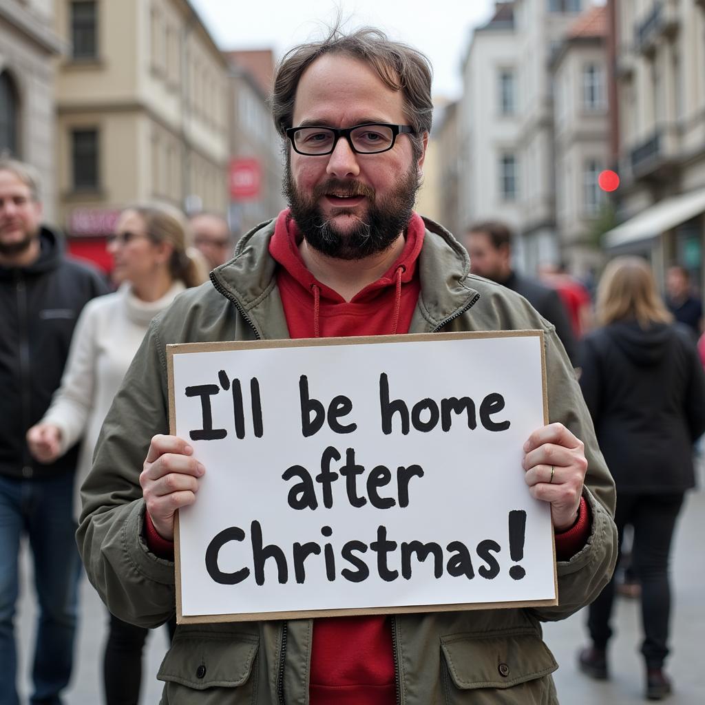 a photo of MEAI man, holding a sign that says "I'll be home after Christmas."