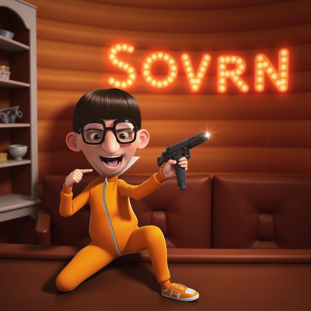 TOKVECDESPICTOR, pointing a ray gun at a wall. the ray spells out the word "SOVRN"