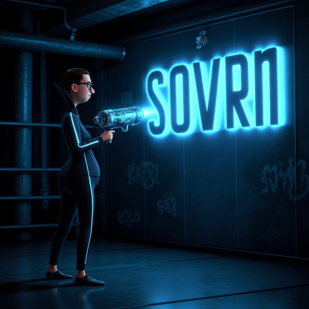 A sleek, futuristic **TOKVECDESPICTOR** in a dimly lit room, pointing a luminous, neon-blue ray gun towards a concrete wall. The ray gun emits a vibrant, glowing beam that meticulously spells out the word **"SOVRN"** in bold, block letters. 
