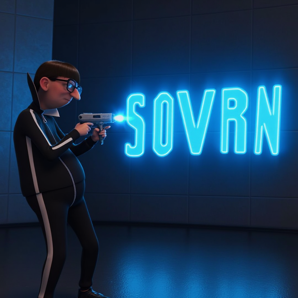 A sleek, futuristic **TOKVECDESPICTOR** in a dimly lit room, pointing a luminous, neon-blue ray gun towards a concrete wall. The ray gun emits a vibrant, glowing beam that meticulously spells out the word **"SOVRN"** in bold, block letters. 
