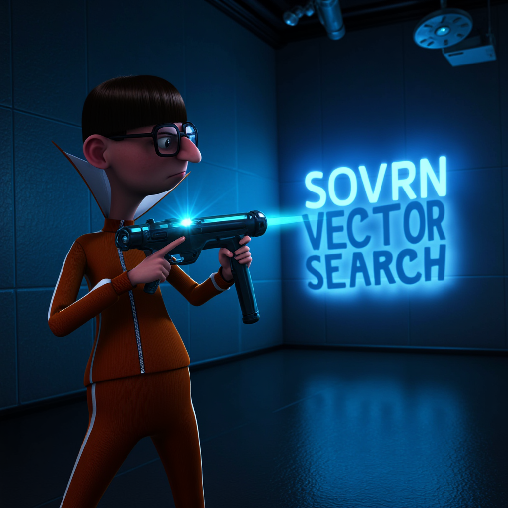 TOKVECDESPICTOR in a dimly lit room, pointing a luminous, neon-blue ray gun towards a concrete wall. The ray gun emits a vibrant, glowing beam that meticulously spells out the word **"SOVRN VECTOR SEARCH"** in bold, block letters. 
