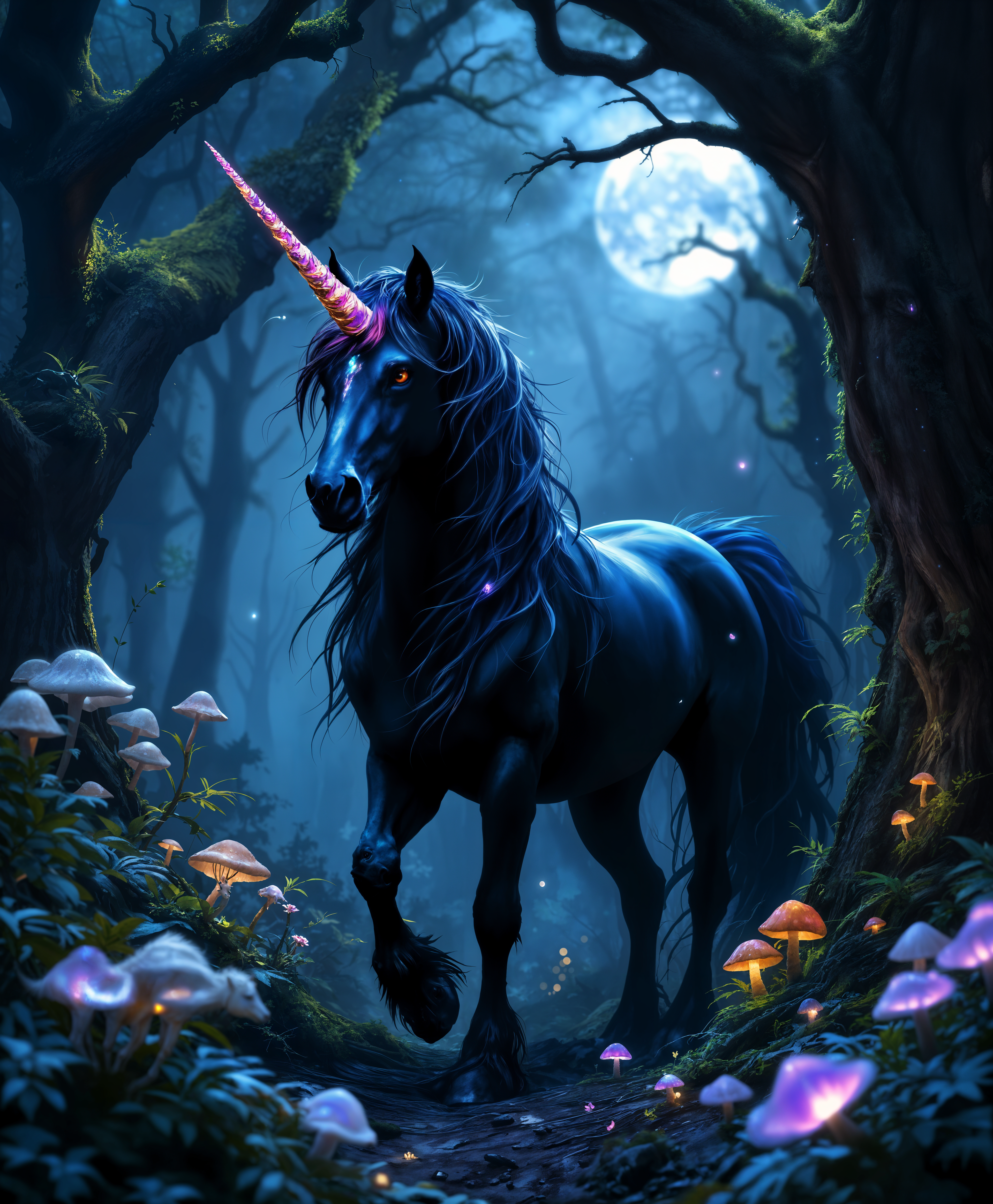 masterpiece, best quality, highres, sharp image, more detail, masterpiece, best quality, highres, sharp image, more detail, A high-definition portrait of a **dark unicorn** in its **enchanting forest environment**:

- **Subject**: A majestic, black-coated unicorn with an iridescent horn that shimmers with shades of deep violet and midnight blue. Its mane and tail are long, flowing, and slightly wavy, with strands that appear to be woven with the night sky itself, incorporating subtle hints of starlight.

- **Environment**: Surrounding the unicorn is an ancient, mystical forest. The trees are tall, their trunks gnarled and covered in moss, with branches stretching upwards like skeletal fingers. The forest floor is carpeted with layers of leaves, ferns, and patches of bioluminescent mushrooms emitting a soft, ethereal glow.

- **Lighting**: The scene is bathed in the dim, silvery light of a full moon, filtering through the dense canopy above. This light casts dramatic shadows, highlighting the textures of the unicorn's coat and the intricate details of the forest.

- **Mood and Atmosphere**: The atmosphere is one of quiet mystery and solitude, with a sense of timelessness. The air is still, carrying the faint, earthy scent of the forest floor. The mood is serene yet slightly ominous, as if the unicorn is a guardian of secrets and ancient magic.

- **Style**: The image should be rendered in a **hyper-realistic** style, capturing the finest details of the unicorn's fur, the texture of the bark, and the delicate interplay of light and shadow. The focus is on realism with a touch of fantasy, making the mythical creature seem as if it could exist in our world.

- **Composition**: The unicorn is positioned slightly off-center, facing the viewer with a serene yet knowing gaze. The camera angle is at eye level, giving a sense of intimacy and connection. The foreground includes elements of the forest, creating depth, while the background fades into the darker recesses of the woods.

- **Technical Aspects**: Utilize a shallow depth of field to blur the background, focusing sharply on the unicorn. Employ techniques like **dodging and burning** to enhance the contrast and texture, and use a **soft focus** for parts of the forest to create a dreamlike quality. 

This prompt ensures a cohesive, detailed, and visually compelling image that brings to life the magical essence of a dark unicorn within its natural, yet fantastical, setting.