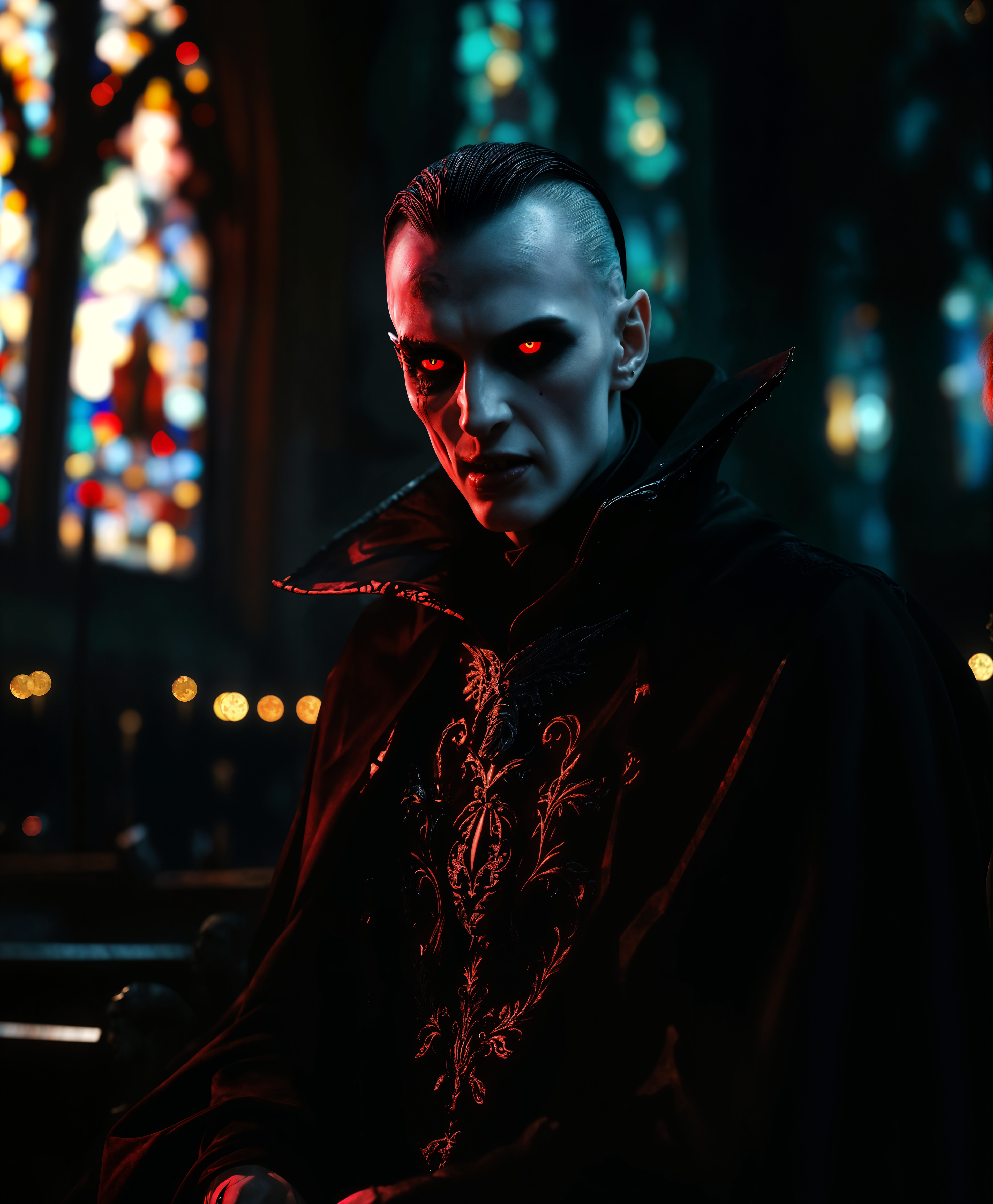 masterpiece, best quality, highres, sharp image, more detail, masterpiece, best quality, highres, sharp image, more detail, A **high-definition, ultra-detailed portrait** of a vampire, **captured in a dimly lit, gothic cathedral** at twilight. The vampire, with **pale, translucent skin**, **piercing red eyes**, and **sharp, elongated fangs**, exudes an **eerie yet captivating presence**. The **lighting** is **soft, with rays of moonlight** filtering through **stained glass windows**, casting **colorful patterns** on the vampire's **sumptuous, velvet cloak** adorned with **intricate, silver embroidery**. The **camera angle** is slightly **low**, emphasizing the vampire's **regal, imposing stature** against the **ornate, dark wooden pews** and **tall, vaulted ceilings**. The **mood** is **mysterious and haunting**, with **subtle hints of decay and timelessness** in the environment. **Photographic techniques** include **depth of field** to blur the background, focusing on the vampire's **intense gaze**, and **chiaroscuro** to enhance the dramatic lighting contrast. The **composition** places the vampire centrally, surrounded by **candles and ancient relics**, creating a **cohesive, immersive scene** that blends **historical Gothic elements with a supernatural, otherworldly atmosphere**.