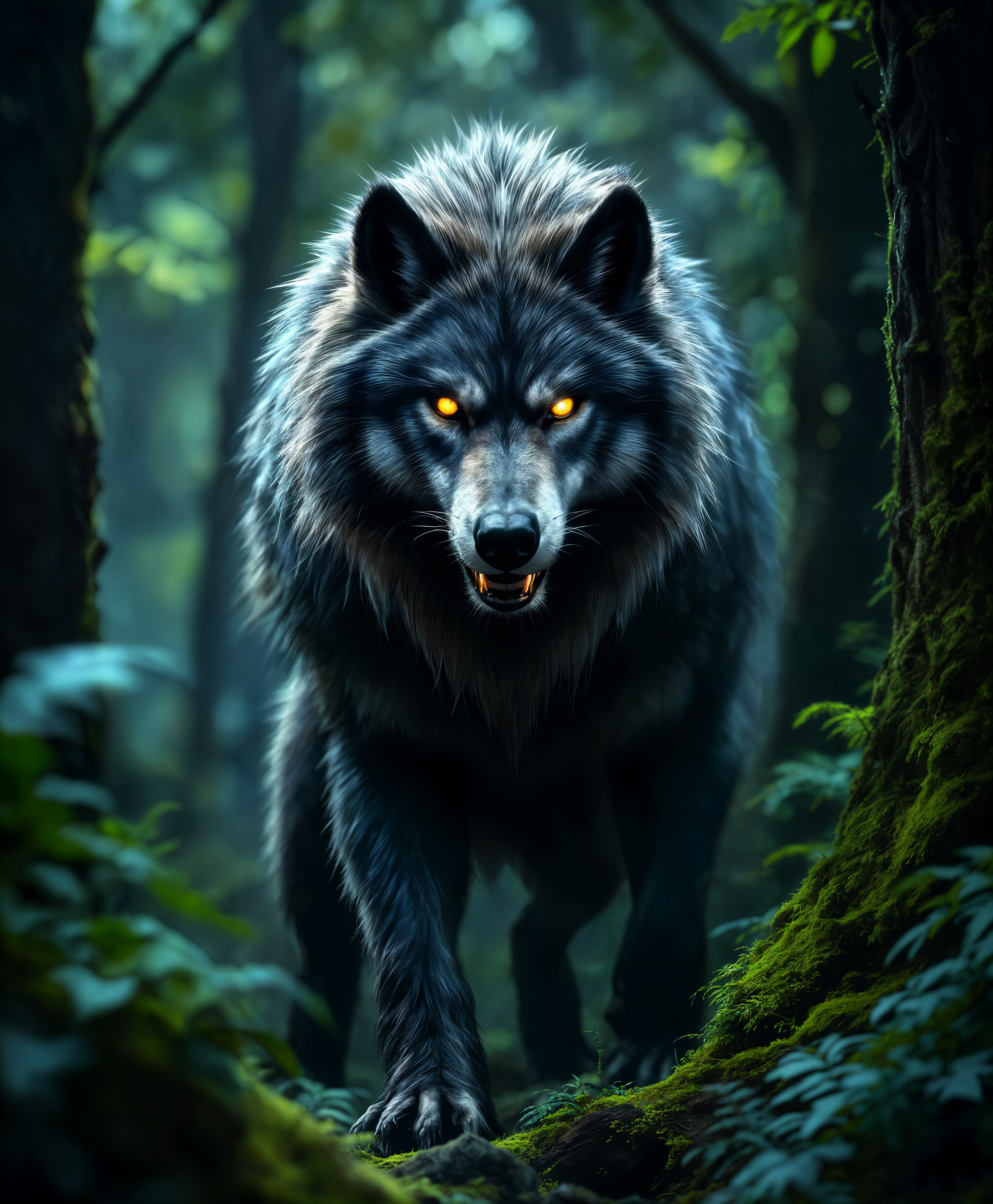 masterpiece, best quality, highres, sharp image, more detail, masterpiece, best quality, highres, sharp image, more detail, Here is a high definition, ultra-realistic portrait of a majestic werewolf standing in its natural forest environment:

- **Subject**: A werewolf, with a thick, matted fur coat blending shades of gray, black, and silver, with piercing, intelligent eyes that glow subtly. The fur texture is detailed, showcasing individual hairs, some with dew or rain droplets, enhancing the realism. The werewolf's face bears a mix of human and wolf characteristics, with a prominent muzzle, pointed ears, and sharp, menacing teeth slightly bared.

- **Environment**: The scene is set in a dense, dark forest at twilight. The trees are towering, their leaves casting a greenish, filtered light over the werewolf. Moss, ferns, and undergrowth create a lush, vibrant foreground, while the background hints at a deeper, more mysterious forest. 

- **Lighting**: The light is soft and diffused, creating long shadows and highlighting the texture of the fur and foliage. Sunbeams filter through the canopy, casting dappled light patterns on the ground and the werewolf, with a subtle lens flare effect for added depth.

- **Style**: The image adopts a cinematic, high-definition approach, inspired by wildlife photography. The depth of field is shallow, focusing on the werewolf with the background slightly blurred to isolate the subject, reminiscent of National Geographic style wildlife portraits.

- **Composition**: The werewolf is positioned slightly off-center to the right, following the rule of thirds, with its gaze directed slightly away from the camera, creating a dynamic tension. The camera angle is low, at eye level with the werewolf, giving a sense of confrontation or encounter.

- **Mood and Atmosphere**: The scene evokes a sense of mystery, wilderness, and the primal. The twilight setting, combined with the werewolf's alert posture, suggests a moment of either impending action or peaceful solitude, with an atmosphere of quiet tension.

- **Technical Aspects**: Utilize a high-resolution sensor with a fast prime lens to capture the detail and the dynamic range, with a focus on achieving a high dynamic range (HDR) effect to enhance the contrast between shadows and highlights. Use a long exposure for the background to create a soft, ethereal look while keeping the subject sharp.