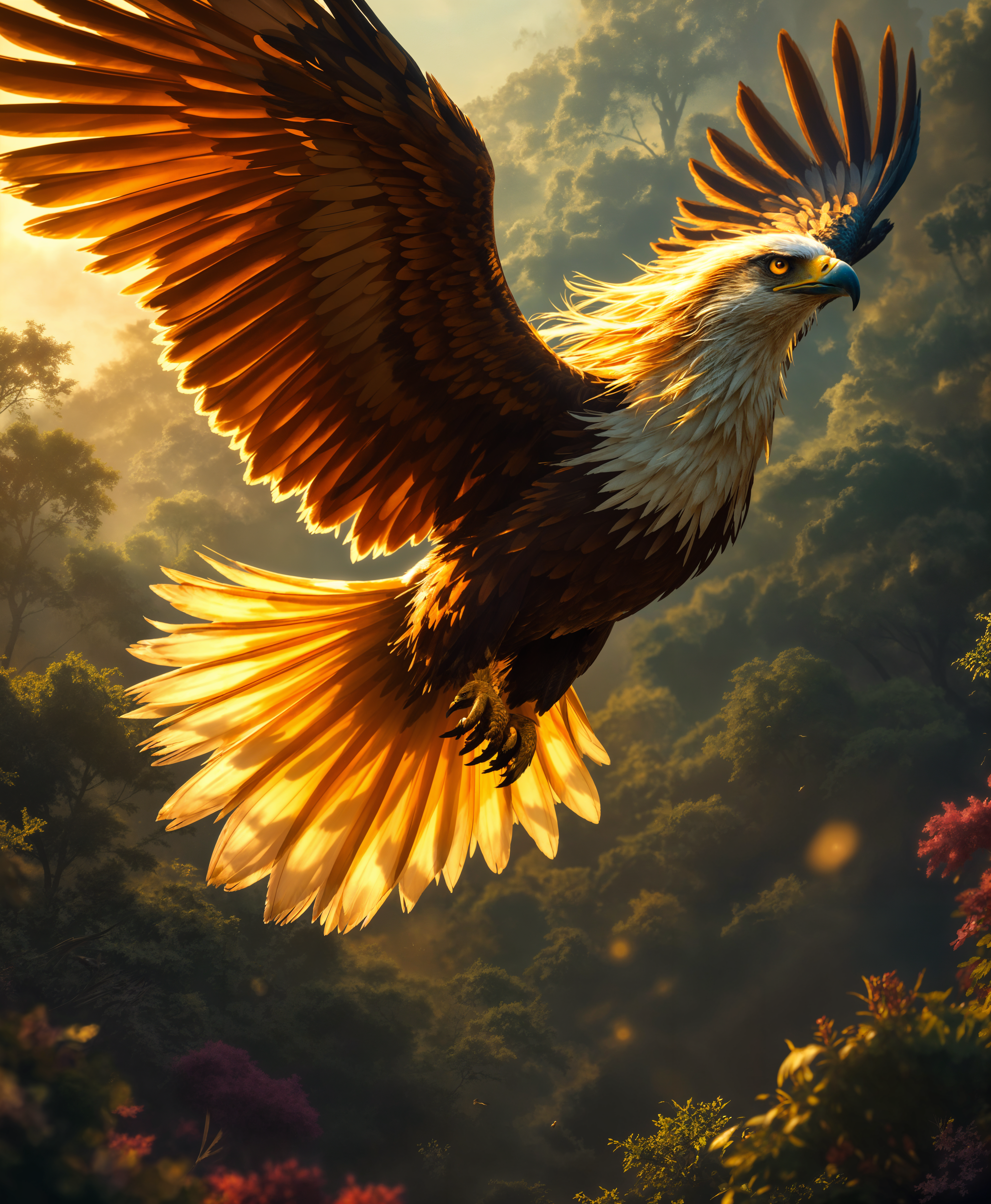 masterpiece, best quality, highres, sharp image, more detail, **Prompt:**
Create a high-definition, ultra-realistic portrait of a majestic Harpia, a mythical creature half female, half eagle. The scene is set during the golden hour, with the light casting long shadows and highlighting the intricate details of the Harpia's plumage and human-like features. 

**Visual Details:**
- **Harpia:** The Harpia has the body of a large eagle, with feathers ranging from dark brown to golden hues. The head and torso are of a woman with flowing, wind-swept hair, blending seamlessly into the eagle's neck. Her eyes are piercing, reflecting the keen intelligence of both species. 
- **Environment:** She flies over a dense, ancient forest, with trees stretching up towards her, their leaves catching the last light of the day, creating a backdrop of vibrant greens, oranges, and purples. 
- **Textures:** The feathers are detailed, showing individual barbs and downy under-feathers. The skin of her human features is smooth with a subtle, natural glow. 

**Style:**
- **Artistic Influence:** Inspired by the detailed and realistic depictions of creatures in Renaissance art, combined with the dynamic energy of Baroque movement, capturing the Harpia in mid-flight with a sense of motion and life.
- **Photography Technique:** Use a shallow depth of field to focus on the Harpia, with the background slightly blurred to emphasize her as the subject.

**Composition:**
- **Subject Positioning:** The Harpia is centered, flying towards the viewer, with her wings spread wide to showcase her wingspan. Her gaze is directed slightly upwards, as if she's about to ascend further into the sky.
- **Camera Angle:** A slightly low angle to give a sense of awe and grandeur, looking up at the Harpia.

**Mood and Atmosphere:**
- **Feeling:** The image should evoke a sense of awe, majesty, and the mythical nature of the Harpia. The atmosphere is serene yet powerful, with the wind gently tousling her feathers and hair.
- **Time of Day:** Golden hour, with the sun setting behind the Harpia, casting her silhouette in a dramatic light.

**Technical Aspects:**
- **Lighting:** Backlighting to highlight the edges of the Harpia, creating a halo effect around her. The light should be soft yet directional, showcasing the depth and texture of her feathers.
- **Resolution:** 4K resolution to capture the minute details of her plumage, the texture of her skin, and the environment.

**Cohesion:**