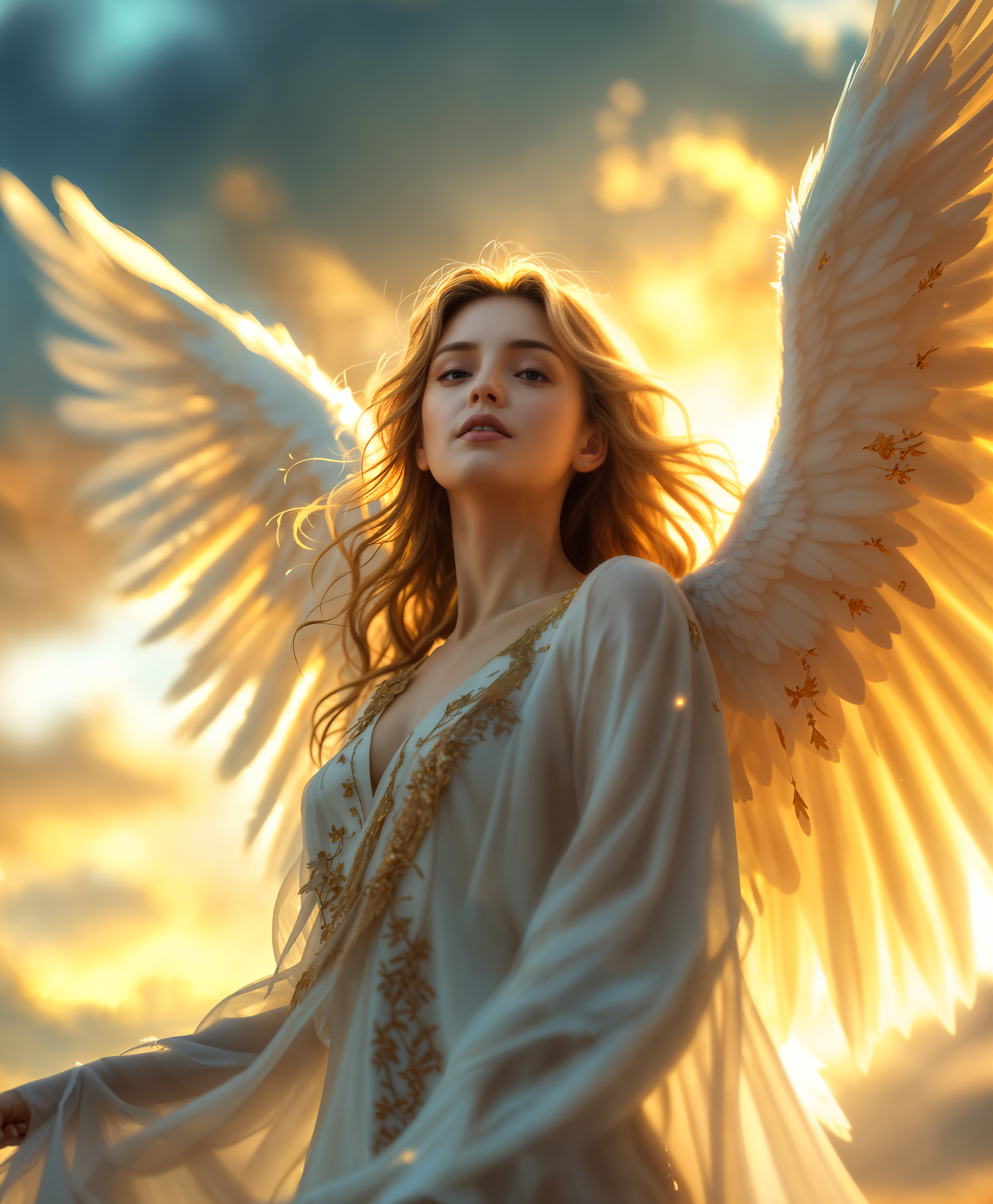 masterpiece, best quality, highres, sharp image, more detail, masterpiece, best quality, highres, sharp image, more detail, Create a high-definition portrait of an ethereal Angel, wings spread majestically in flight, captured in a **cinematic** style with **bokeh** background blur to emphasize the subject. The Angel should have:

- **Appearance**: A serene expression, with **hyper-realistic** facial features, **radiant** skin with a soft glow, and **feathery, white wings** that shimmer in the light.
- **Costume**: Clothed in **flowing, translucent robes** with intricate, **golden embroidery** that catches the light, adding depth and texture.
- **Setting**: The scene is set against a **dramatic sunset** sky, with **golden hour lighting** enhancing the mood, casting a warm, **diffused** light across the scene. 
- **Composition**: Framed with the Angel in the center, wings slightly extended beyond the frame for a **dynamic** effect, using a **low angle** shot to convey majesty and awe.
- **Mood**: The atmosphere should evoke **peace**, **holiness**, and **transcendence**, with the Angel appearing as if they are **gliding effortlessly** through the air, surrounded by a **gentle breeze** that stirs their robes and feathers.
- **Technical**: Employ **shallow depth of field** to focus on the Angel, with **high dynamic range** to capture the full spectrum of light, enhancing the **luminosity** and **texture** of the wings and robes.