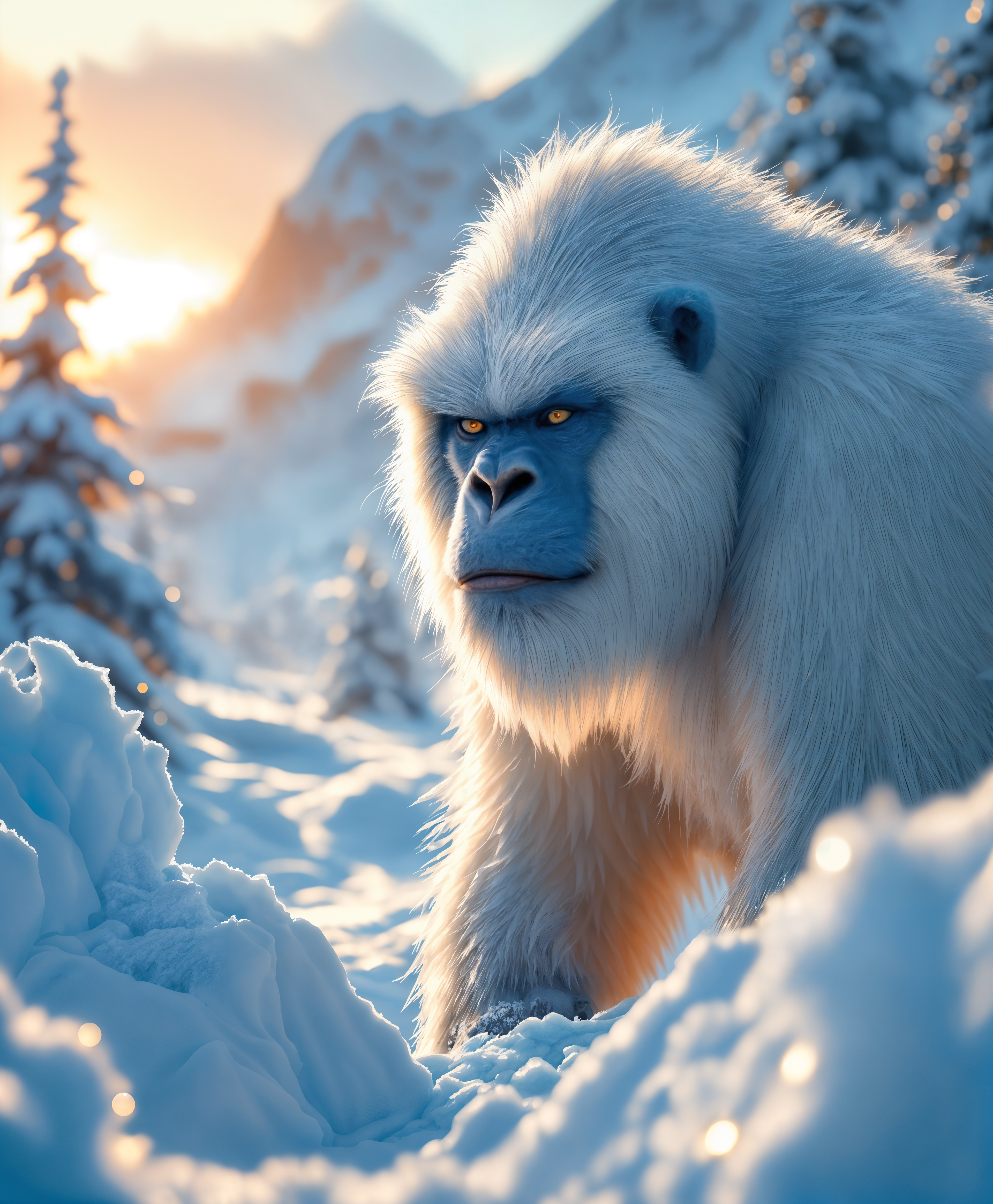 masterpiece, best quality, highres, sharp image, more detail, masterpiece, best quality, highres, sharp image, more detail, A high-definition, ultra-realistic portrait of a majestic Yeti in its natural icy habitat. The Yeti's fur is thick and white, with subtle hints of blue and gray, capturing the cold, reflective light of the environment. Its eyes are piercing, reflecting an intelligent and mysterious gaze. The atmosphere is crisp and serene, with the sun setting behind a snowy mountain peak, casting long shadows and a golden hue over the scene. The composition features the Yeti slightly off-center, framed by jagged ice formations and a backdrop of towering, snow-covered pines. The lighting is soft yet directional, highlighting the textures of the fur and the icy landscape, creating a high contrast with the deep blue shadows. The style mimics hyper-realistic wildlife photography, focusing on the intricate details of the Yeti's fur, the frost on its breath, and the crystalline structure of the surrounding ice. The mood is one of solitude and wonder, evoking the mystique of the legendary creature in its untouched, frozen domain.