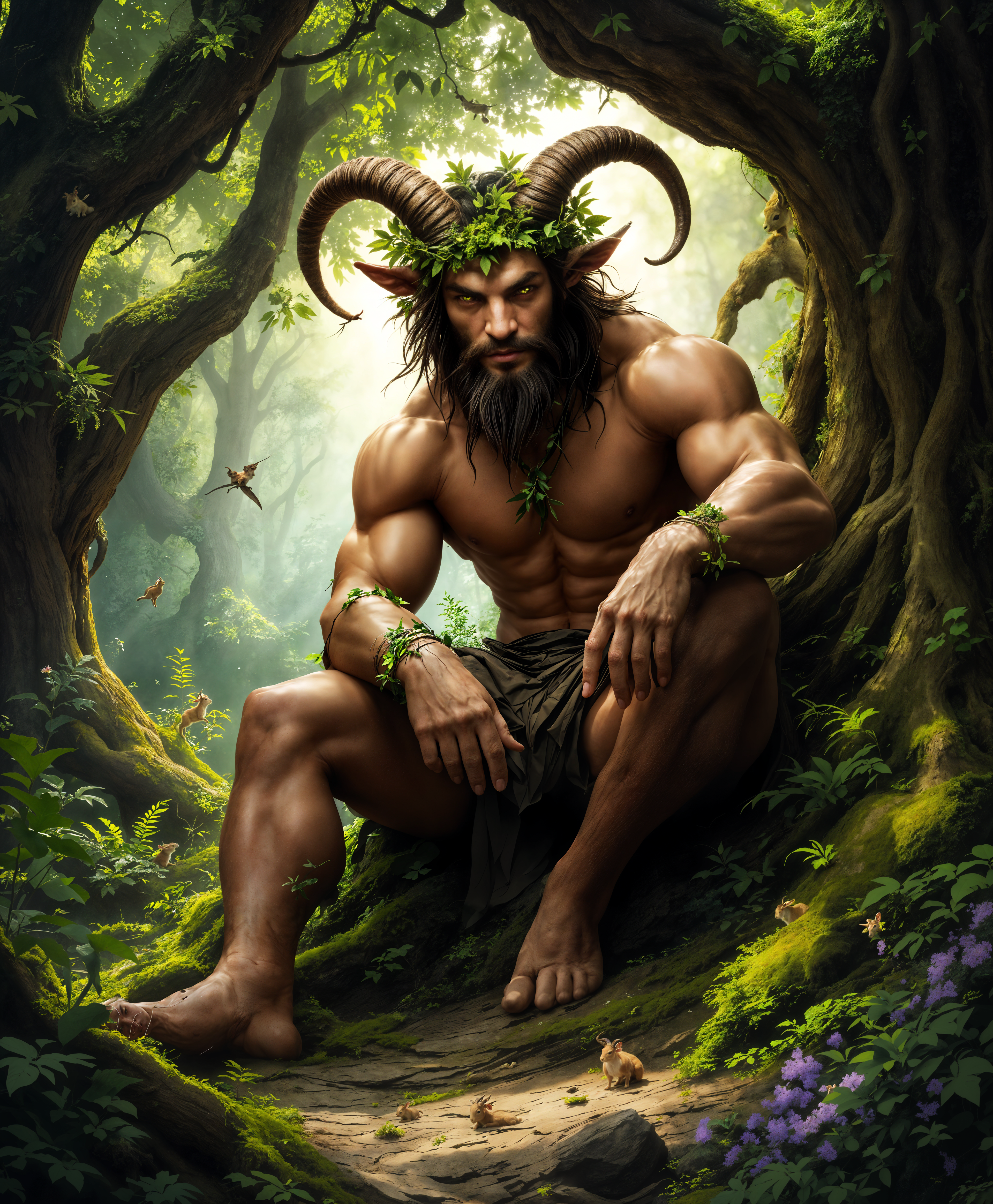 masterpiece, best quality, highres, sharp image, more detail, masterpiece, best quality, highres, sharp image, more detail, ```plaintext
Create a detailed high-definition portrait of a **Satyr** in its **natural environment**, capturing the following elements:

- **Subject**: A Satyr, half-man, half-goat, with:
  - **Anatomy**: Muscular human torso with goat-like features including legs, hooves, and small horns. 
  - **Facial Features**: Expressive, with intelligent eyes, a playful smirk, and a hint of mischief.
  - **Attire**: Minimal, perhaps a simple tunic or wreath of ivy, emphasizing his connection to nature.

- **Environment**: A lush, dense forest setting:
  - **Flora**: Surrounded by ancient trees with gnarled roots, moss, ferns, and wildflowers. 
  - **Lighting**: Soft, dappled sunlight filtering through the leaves, creating a serene, almost magical atmosphere.
  - **Details**: Tiny woodland creatures like birds, squirrels, or a rabbit in the background, interacting with or observing the Satyr.

- **Visual Elements**:
  - **Colors**: Earthy greens, browns, and muted yellows, with occasional vibrant pops from flowers or berries.
  - **Texture**: Emphasize the rough bark, soft fur, and delicate leaves to create a tactile feel.
  - **Lighting**: Use chiaroscuro to highlight the Satyr's features, with shadows deepening the scene's depth.

- **Style**: Photorealistic with an ethereal quality, inspired by:
  - **Art Movements**: Romanticism for its emphasis on nature and emotion, combined with elements of **Realism** for detailed rendering.

- **Composition**:
  - **Framing**: The Satyr should be framed by foliage, creating a natural window into his world.
  - **Camera Angle**: Slightly low angle to emphasize his dominance in this environment.
  - **Depth of Field**: Shallow, focusing on the Satyr, with the background slightly blurred to enhance the focus on him.

- **Mood and Atmosphere**: 
  - **Time**: Late afternoon, just before the sun sets, when the forest is alive with the sounds of evening creatures.
  - **Ambiance**: A sense of tranquility mixed with the wild, untamed spirit of the forest, a moment of calm before the night's revelries.

- **Technical Aspects**: 
  - **Focus**: Use a wide aperture to create a shallow depth of field, emphasizing the Satyr while allowing the forest to blur into a magical backdrop.
  - **Lighting**: Employ natural light