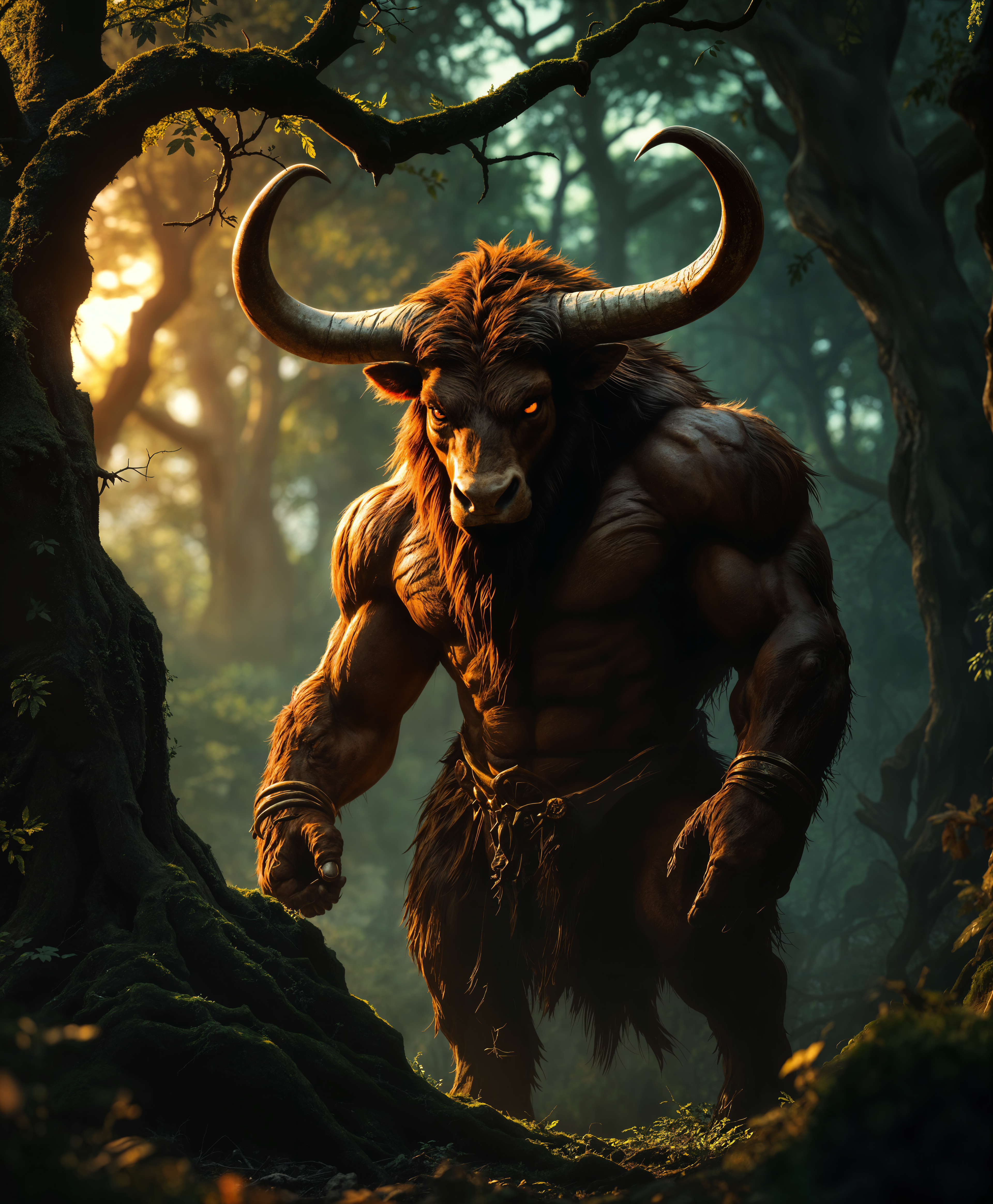 masterpiece, best quality, highres, sharp image, more detail, masterpiece, best quality, highres, sharp image, more detail, **Prompt:** Capture a hyperrealistic, high-definition portrait of a Minotaur standing majestically in its natural environment. The Minotaur should have a muscular, human-like body with the head of a bull, featuring intricate fur patterns, sharp, expressive eyes, and a formidable set of horns that glisten with a slight sheen. The texture of the fur should be visible, showing individual hairs catching the light, with a deep, rich brown color that contrasts against the dark, verdant forest backdrop.

**Environment:** The scene is set in a twilight hour, with the sun setting behind the Minotaur, casting long shadows and creating a chiaroscuro effect. The forest is dense with ancient, gnarled trees, their bark rough and moss-covered, and the undergrowth teeming with life. The air is thick with the scent of earth and foliage, and a slight mist hangs in the air, creating a soft, atmospheric glow.

**Artistic Style:** The image should mimic the detailed realism of Renaissance portraiture, with a focus on the lifelike representation of skin, fur, and environment, reminiscent of the works of artists like Leonardo da Vinci or Albrecht Dürer. Use a shallow depth of field to isolate the Minotaur against the blurred, yet detailed, forest background.

**Composition:** Frame the Minotaur centrally with a slight three-quarter view, allowing the viewer to see the depth of the forest behind him. The camera angle should be slightly low, giving the Minotaur a dominant, imposing presence. Include elements like a small stream or a clearing to provide depth and context to the scene.

**Mood and Atmosphere:** The mood should be one of quiet power and mystery, with the Minotaur appearing both as a guardian and a creature of myth. The lighting should be dramatic, with the last rays of sunlight piercing through the trees, highlighting the Minotaur's silhouette and casting intricate shadows.

**Technical Aspects:** Utilize a high-resolution capture to ensure that every detail, from the texture of the fur to the individual leaves on the trees, is crisp and clear. Employ a soft focus for the background to enhance the depth of field, and use a slow shutter speed to capture the subtle movement of the mist, adding to the ethereal quality of the scene.