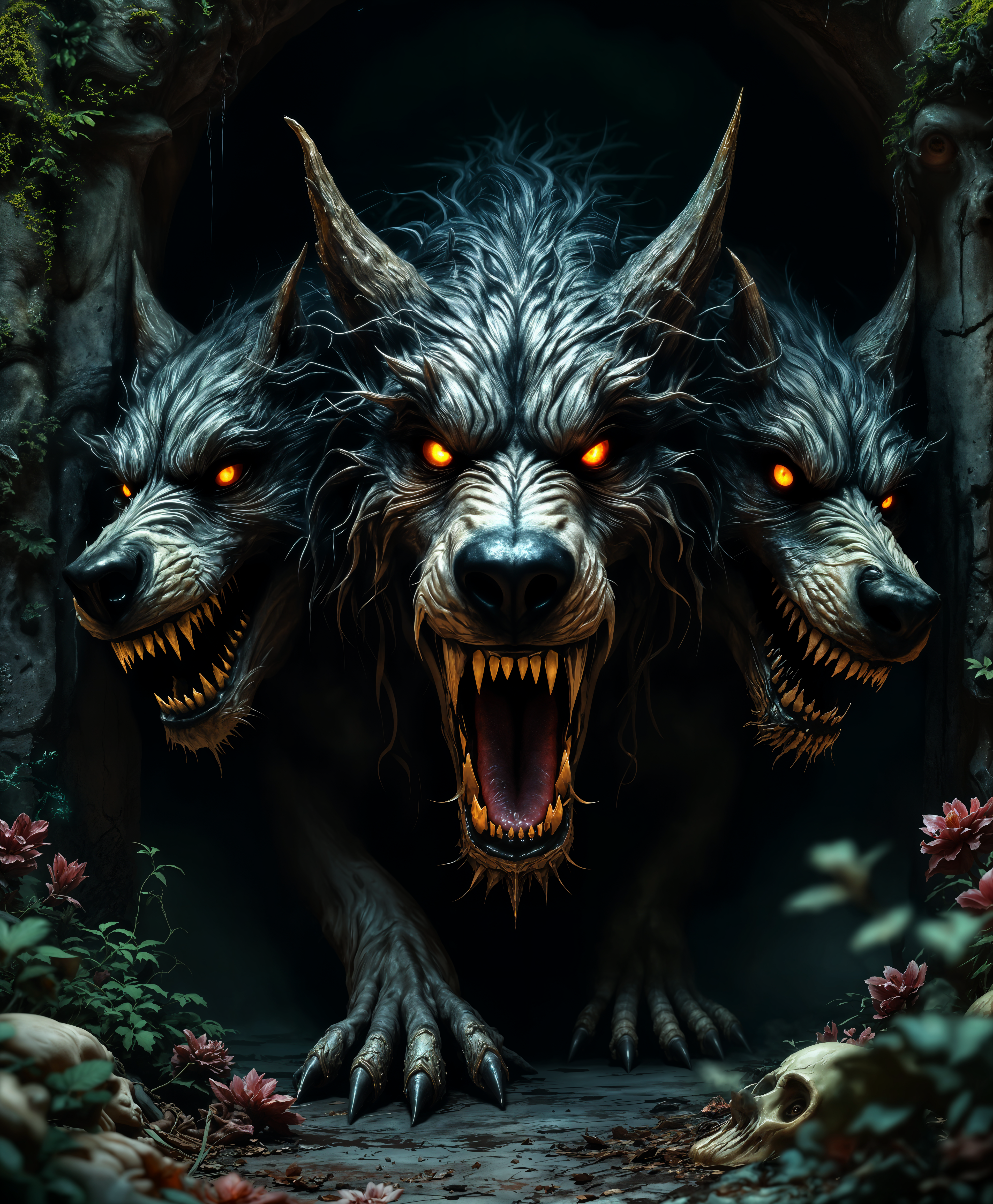 masterpiece, best quality, highres, sharp image, more detail, masterpiece, best quality, highres, sharp image, more detail, A high-definition, ultra-realistic portrait of Cerberus, the three-headed hound of Hades from Greek mythology, captured in a **hyper-detailed** and **photorealistic** style. 

- **Visual Details**: Each head should showcase different expressions - one calm, one snarling, and one curious, with intricate fur patterns that vary in texture from coarse to soft, reflecting their individual personalities. The fur should glisten with subtle highlights, suggesting a slight wetness or dewiness, enhancing the lifelike quality. The eyes of each head should convey distinct emotions, with one set glowing faintly, adding an eerie, supernatural touch.

- **Environment**: Cerberus is positioned in the dim, foreboding entrance of the underworld, with the backdrop featuring ancient, moss-covered stone walls, dripping with moisture. The ground is uneven, covered with skeletal remains and ghostly flora, adding to the eerie atmosphere. 

- **Lighting**: Utilize **chiaroscuro** lighting to emphasize the dramatic contrast between light and shadow, highlighting the contours of Cerberus's muscular form and the menacing yet majestic aura. The light source appears to be from an unseen torch or perhaps a distant, otherworldly glow.

- **Composition**: The camera angle is slightly low, looking up at Cerberus, making him appear larger and more imposing. The portrait should fill the frame, with the beast's heads occupying most of the visual space, creating an intense, personal confrontation with the viewer. 

- **Mood and Atmosphere**: The scene exudes a sense of **dread**, **mystique**, and **ancient power**. The air is thick with an otherworldly mist, and the ambiance is one of silent anticipation, as if the underworld itself is holding its breath.

- **Technical Aspects**: Employ a **wide-angle lens** for a slight distortion effect, enhancing the sense of scale and intimidation. Use a **shallow depth of field** to keep Cerberus in sharp focus while the background blurs into a mysterious haze. 

- **Cohesion**: The entire composition, from the detailed fur to the haunting environment, works in harmony to depict Cerberus not just as a guardian but as a central figure in the mythology, embodying the transition between life and death, the seen and the unseen.