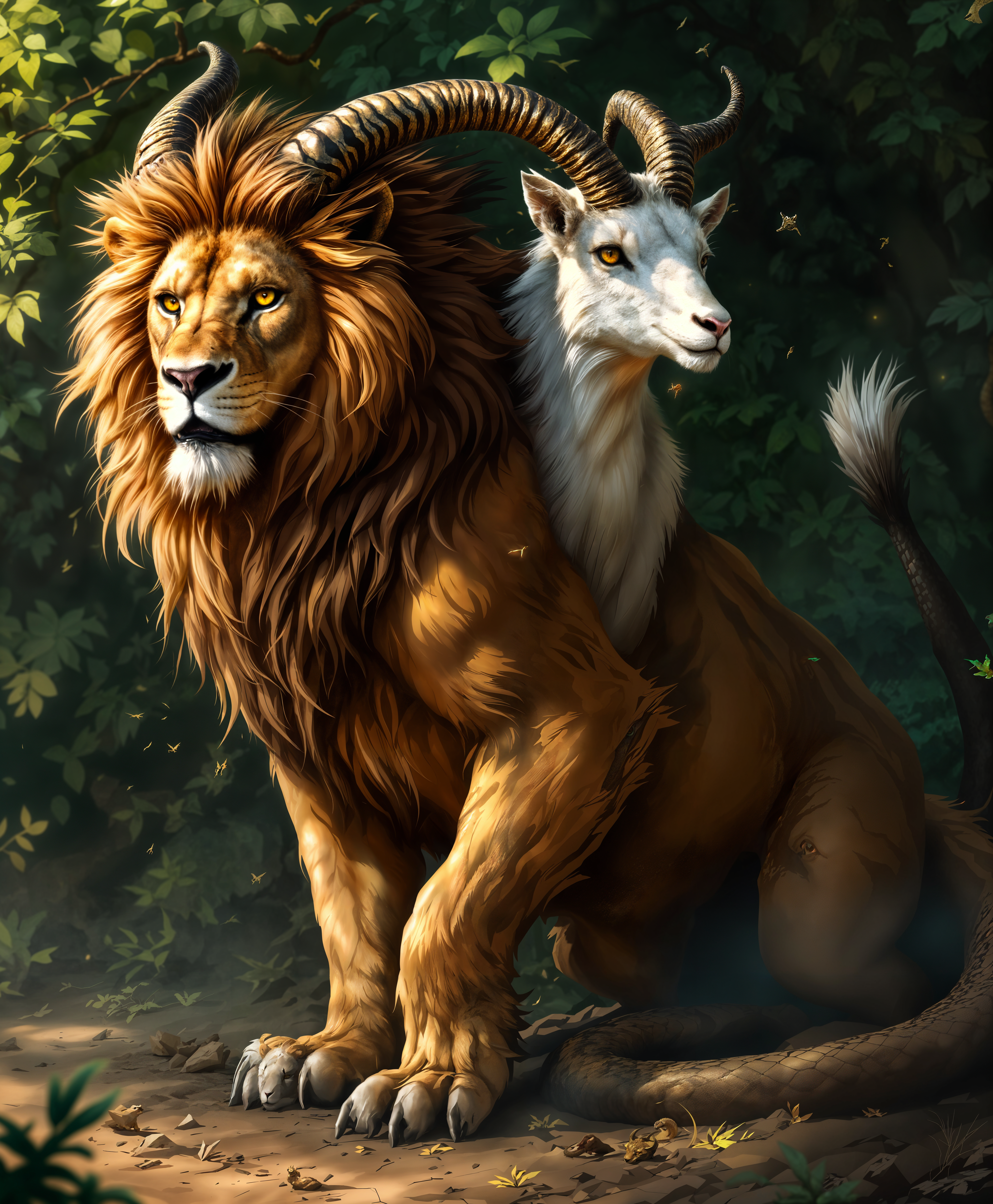 masterpiece, best quality, highres, sharp image, more detail, masterpiece, best quality, highres, sharp image, more detail, Create a high-definition portrait of a Chimera in its natural environment. The Chimera, a mythical creature with the body of a lion, the head of a goat protruding from its back, and a serpent for a tail, should be depicted in a dynamic pose, showcasing its power and mystique. 

**Visual Details:**
- **Fur and Scales:** The lion's mane should be thick, rich in texture, with deep, varied shades of browns and blacks. The goat's fur should contrast with softer, lighter tones, perhaps with streaks of white or grey. The serpent's scales should glisten with iridescence, reflecting light in a mosaic of colors.
- **Eyes:** Each part of the Chimera should have eyes that convey different emotions - the lion's eyes fierce and predatory, the goat's eyes curious and alert, and the serpent's eyes cunning and watchful.
- **Lighting:** Utilize chiaroscuro lighting to emphasize the creature's muscular form, casting deep shadows that enhance the drama and depth of the portrait.

**Style:** 
- Aim for a photorealistic style, with elements of surrealism to highlight the fantastical nature of the Chimera. Use techniques like hyper-realistic rendering for textures, blending seamlessly into a surreal landscape.

**Composition:**
- **Positioning:** The Chimera should dominate the frame, with its lion body slightly off-center to create tension and interest. The goat's head should be turned to look directly at the viewer, creating a connection.
- **Camera Angle:** Use a low-angle shot to make the Chimera appear more imposing and majestic.
- **Framing:** Frame the shot with elements of its environment, perhaps with foliage or ancient ruins partially obscuring parts of the Chimera to add depth and mystery.

**Mood and Atmosphere:**
- **Time of Day:** The scene should be set during the golden hour, with the sun low in the sky casting long shadows and bathing the landscape in warm, golden light.
- **Weather:** A slight mist or fog could add to the mythical atmosphere, diffusing the light and softening the edges of the scene.

**Technical Aspects:**
- **Depth of Field:** Use a shallow depth of field to blur the background slightly, focusing attention on the Chimera while still providing context of its environment.
- **Resolution:** Ensure the image is rendered in ultra-high definition to capture every detail from the texture of the fur to the individual scales on the serpent.

**Cohesion:**
- The environment should be a blend of natural and mystical, with