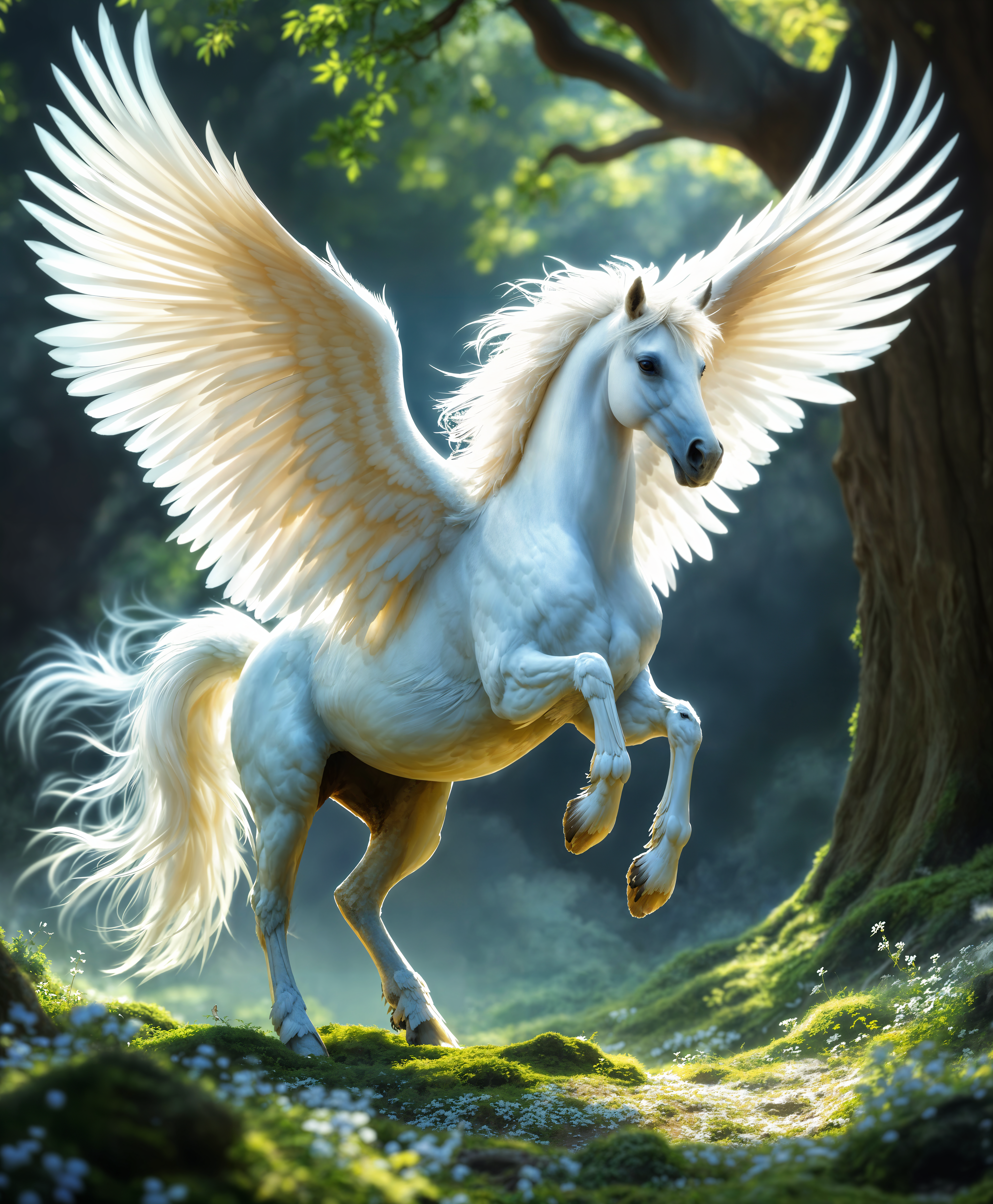 masterpiece, best quality, highres, sharp image, more detail, masterpiece, best quality, highres, sharp image, more detail, Create a high-definition portrait of a majestic Pegasus, its wings spread wide against a soft, ethereal backdrop. The image should capture:

**Visual Details:**
- The Pegasus has a glossy, white coat with a slight iridescence, reflecting the ambient light. Its mane and tail are flowing, almost like they're caught in a gentle breeze, with a slight blue tint.
- Feathers on the wings are detailed, showing a range from downy at the base to sharp and sleek at the tips, with a gradient from white to soft grey.
- The environment is a serene, mythical forest clearing with dappled sunlight filtering through ancient, towering trees. The ground is covered in a carpet of soft moss and small, delicate wildflowers.

**Style:**
- The style should emulate the pre-Raphaelite art movement, with an emphasis on detail, romanticism, and a touch of fantasy. 
- Use a shallow depth of field to blur the background, focusing sharply on the Pegasus.

**Composition:**
- The Pegasus is positioned slightly off-center, looking towards the viewer with a sense of intelligence and curiosity in its eyes. 
- The camera angle is slightly low, making the Pegasus appear grand and imposing against the backdrop of the forest.

**Mood and Atmosphere:**
- The atmosphere is tranquil and otherworldly, with the golden hour light casting long, soft shadows and creating a halo effect around the Pegasus. 
- The air seems to be filled with a faint, magical mist, adding to the mystical feel of the scene.

**Technical Aspects:**
- Utilize a high-resolution capture to ensure every detail from the fur texture to the individual feathers is visible.
- Employ a soft focus lens effect to give depth to the scene, making the Pegasus stand out while the forest recedes into a painterly blur.

**Cohesion:**
- The scene should evoke a sense of timelessness and enchantment, where the Pegasus looks at home in its magical environment, creating a believable and immersive fantasy portrait.