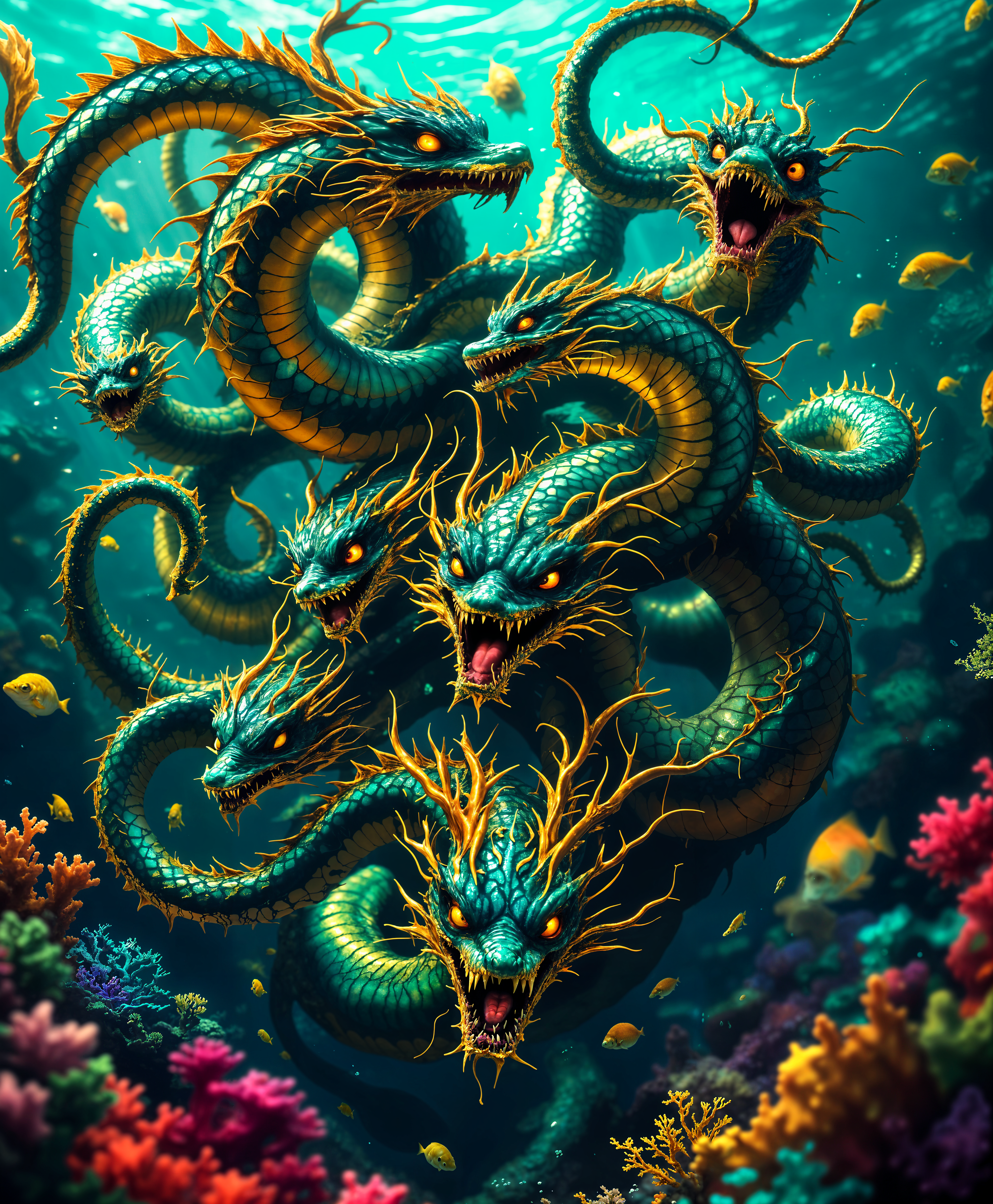 masterpiece, best quality, highres, sharp image, more detail, masterpiece, best quality, highres, sharp image, more detail, Create a high-definition, ultra-detailed portrait of a mythical hydra within its vibrant, underwater habitat. The hydra should have **multiple heads**, each with **different expressions** - some curious, others menacing, all with **intricate scale patterns** shimmering in shades of **emerald green, deep blue, and hints of gold**. The **scales** should reflect light, giving off a **metallic sheen**.

**Artistic Style**: 
- Inspired by the Baroque period, with dramatic lighting and dynamic movement, capturing the essence of the hydra's fluid, serpentine form.
- Utilize chiaroscuro to highlight the **texture of the scales** and the **play of light underwater**.

**Environment**:
- The sea environment is **teeming with life**: colorful coral reefs, darting fish in hues of neon blue, orange, and electric yellow, and bioluminescent plants softly illuminating the scene.
- **Water clarity** is high, allowing for **deep depth of field**; the background should fade into a **mysterious blue abyss** with shafts of light piercing through the water.

**Composition**:
- The hydra is positioned in a **dynamic, S-shaped curve**, dominating the foreground with one head turned towards the viewer, others engaged with the underwater world.
- **Camera angle** should be slightly below the hydra, looking up to emphasize its majesty and power, with the **heads filling the frame**, creating a sense of **intimacy and awe**.

**Mood and Atmosphere**:
- The scene exudes a **sense of wonder and ancient mystery**, with the hydra as the guardian of this underwater realm.
- Time of day: **Late afternoon** where the sun's rays filter through the water, casting long, dramatic shadows and highlighting the hydra's scales.

**Technical Aspects**:
- **Ultra-high resolution** to capture every detail from the smallest scale to the largest head.
- **Macro lens effects** to emphasize the texture and detail of the hydra's skin.
- **Soft focus** in the background to blur the distant sea life, keeping the hydra in sharp focus.
- **Bokeh** effect from the bioluminescent plants to create a dreamy, otherworldly atmosphere.

**Cohesion**: 
- Ensure the hydra's mythical nature blends seamlessly with its realistic underwater habitat, creating a scene that feels both fantastical and believable. The lighting, color palette, and composition should all harmonize to evoke a sense of awe and reverence for this legendary creature in its natural environment.