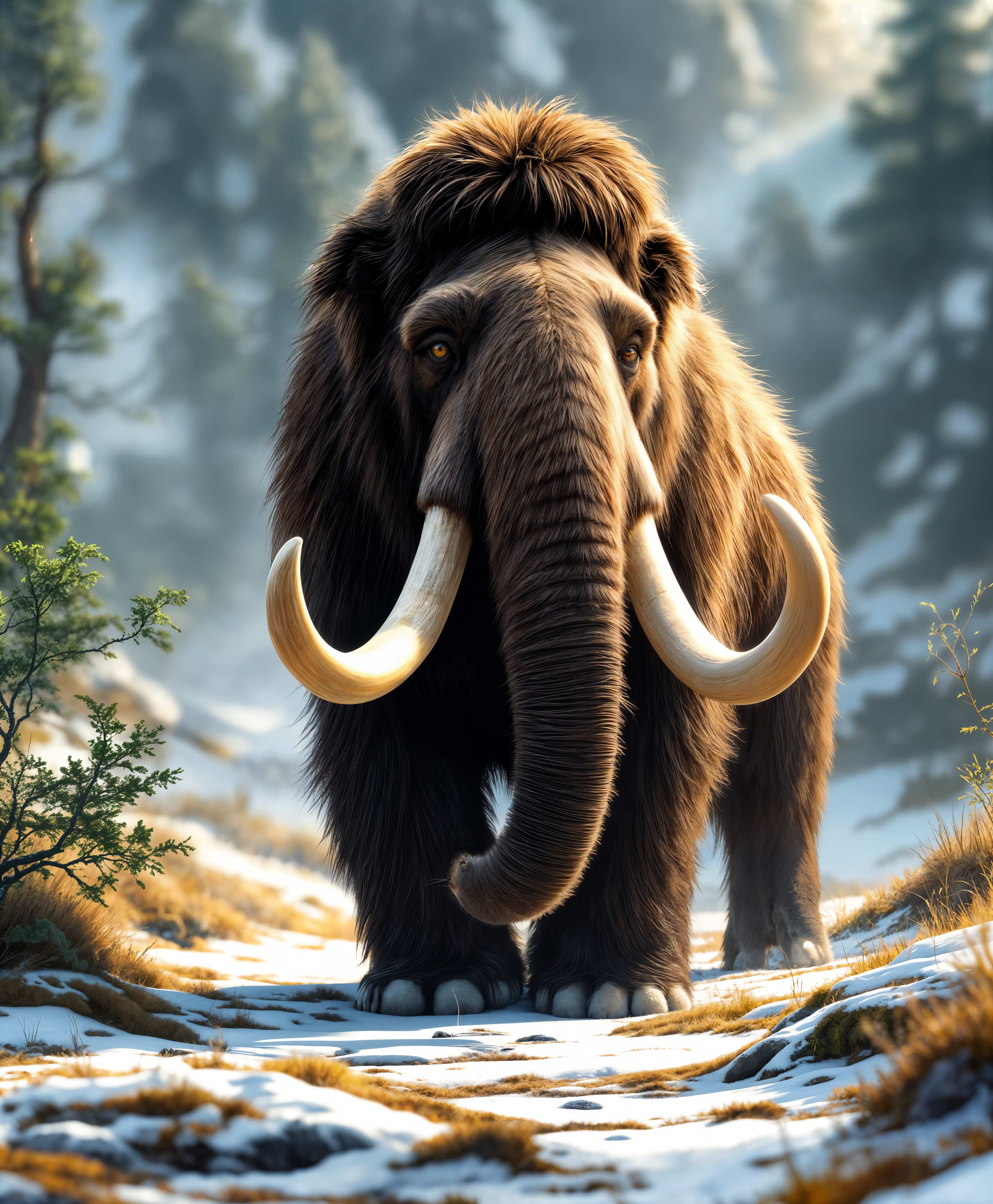 masterpiece, best quality, highres, sharp image, more detail, masterpiece, best quality, highres, sharp image, more detail, A hyper-realistic, high-definition portrait of a Woolly Mammoth in its natural habitat, showcasing:

**Visual Details:** The Mammoth's shaggy, dark brown fur, with intricate curls and tufts around the ears and underbelly. Its long, curved tusks are prominent, gleaming with a slight ivory sheen under the soft sunlight. The eyes are vivid, reflecting a mix of intelligence and wildness. The environment is a late Pleistocene landscape, with patches of snow and melting ice, dotted with hardy vegetation like grasses, small trees, and mosses. 

**Style:** Photorealistic with a touch of impressionistic brushwork to capture the ethereal quality of the light filtering through the sparse canopy above.

**Composition:** The Mammoth stands majestically in the center, facing slightly to the left, its gaze directed towards something off-frame, suggesting interaction or alertness. The background blurs into a soft focus, creating depth and emphasizing the subject. The camera angle is at eye level with the Mammoth, fostering a sense of intimacy.

**Mood and Atmosphere:** The scene evokes a serene yet melancholic mood, capturing the fading era of the ice age. The lighting is golden hour, casting long shadows and highlighting the textures of the landscape. The air feels crisp, with a hint of mist in the background, suggesting the transition from winter to spring.

**Technical Aspects:** Utilize a wide aperture to blur the background, enhancing the focus on the Mammoth. Depth of field should be managed to keep the foreground sharp while allowing the background to soften. Color grading should emphasize the cool tones of the environment with warm highlights on the Mammoth's fur.

**Cohesion:** The elements combine to form a unified scene, where the Mammoth is not just an animal but a living piece of history, interacting with its environment in a way that feels authentic and lived-in.